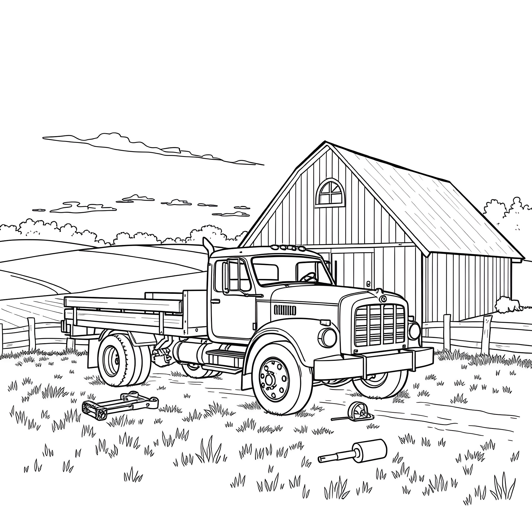Flatbed truck and old barn in rural countryside Coloring Page (free black-and-white line drawing printable PDF for all, from beginners to advanced learners, including children, teens, adults, and seniors)