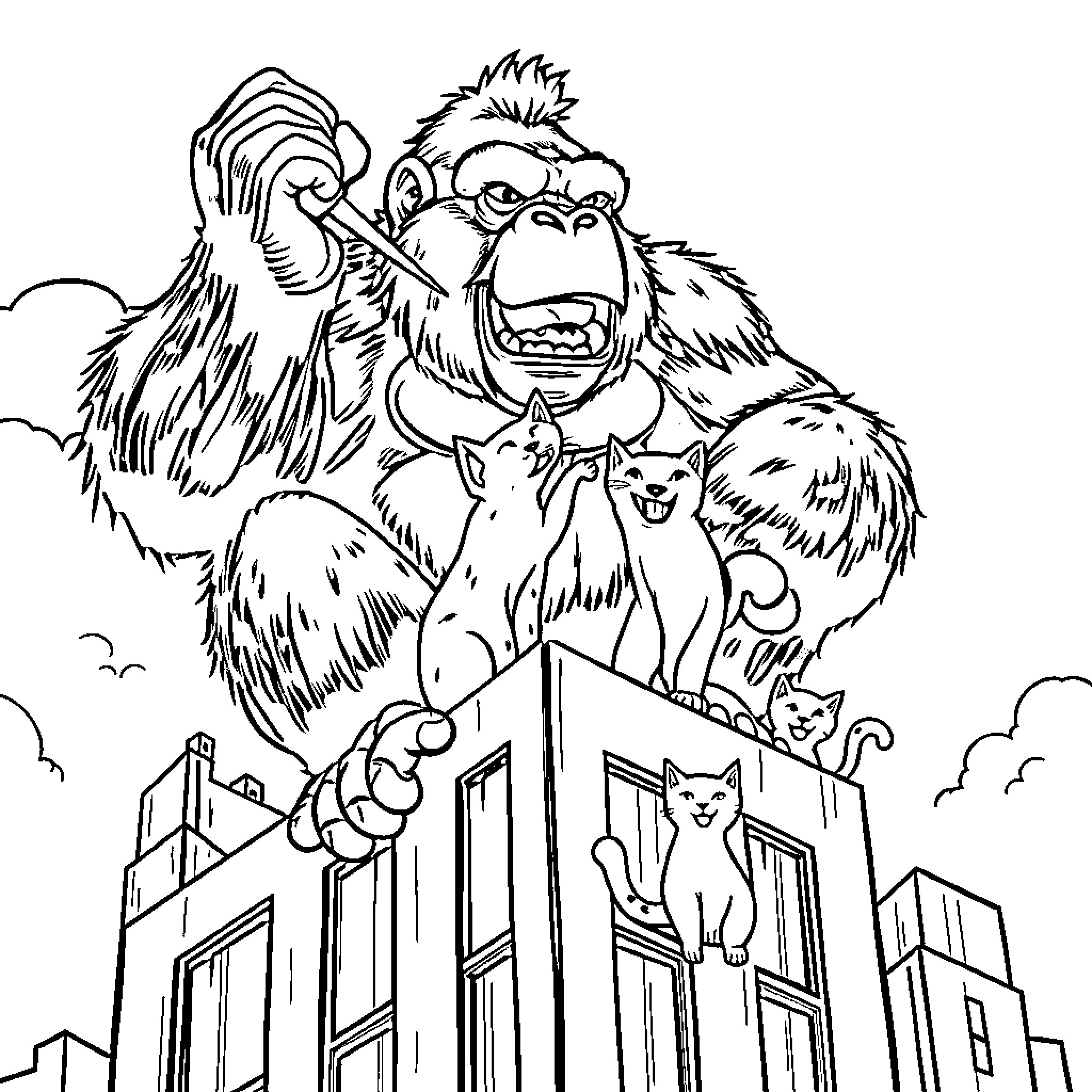 King Kong terrorizing city with cats Coloring Page (free black-and-white line drawing printable PDF for all, from beginners to advanced learners, including children, teens, adults, and seniors)