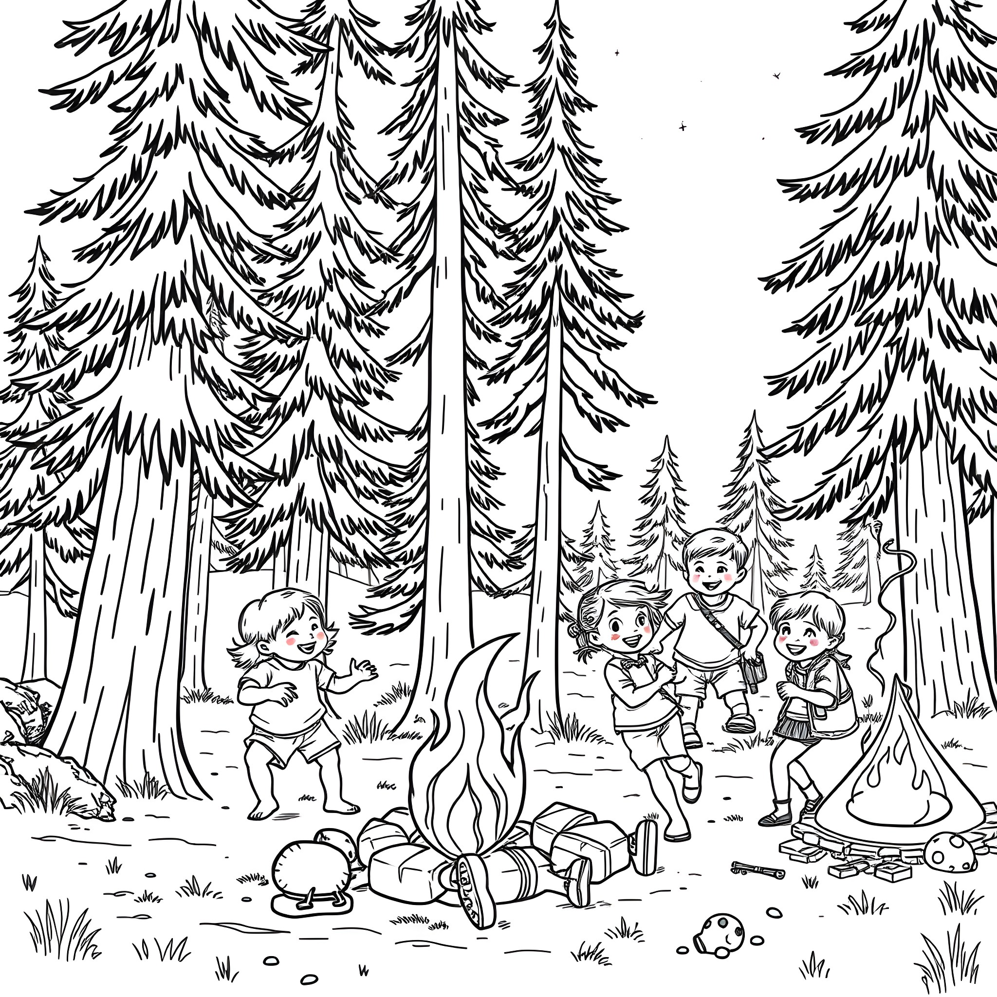 Kids enjoying a campfire in the forest Coloring Page (free black-and-white line drawing printable PDF for all, from beginners to advanced learners, including children, teens, adults, and seniors)