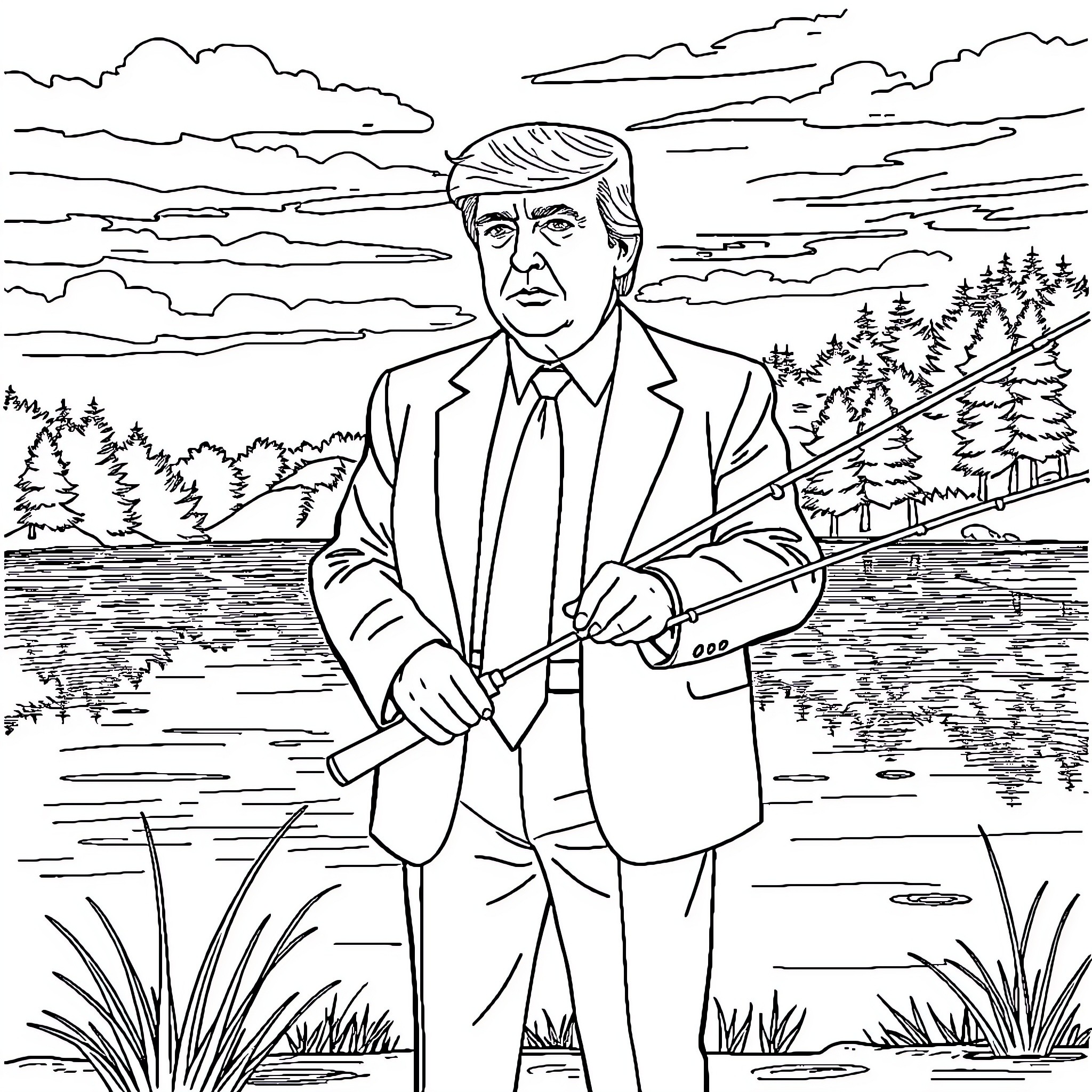 Donald Trump Fishing in Serene Landscape Coloring Page (free black-and-white line drawing printable PDF for all, from beginners to advanced learners, including children, teens, adults, and seniors)