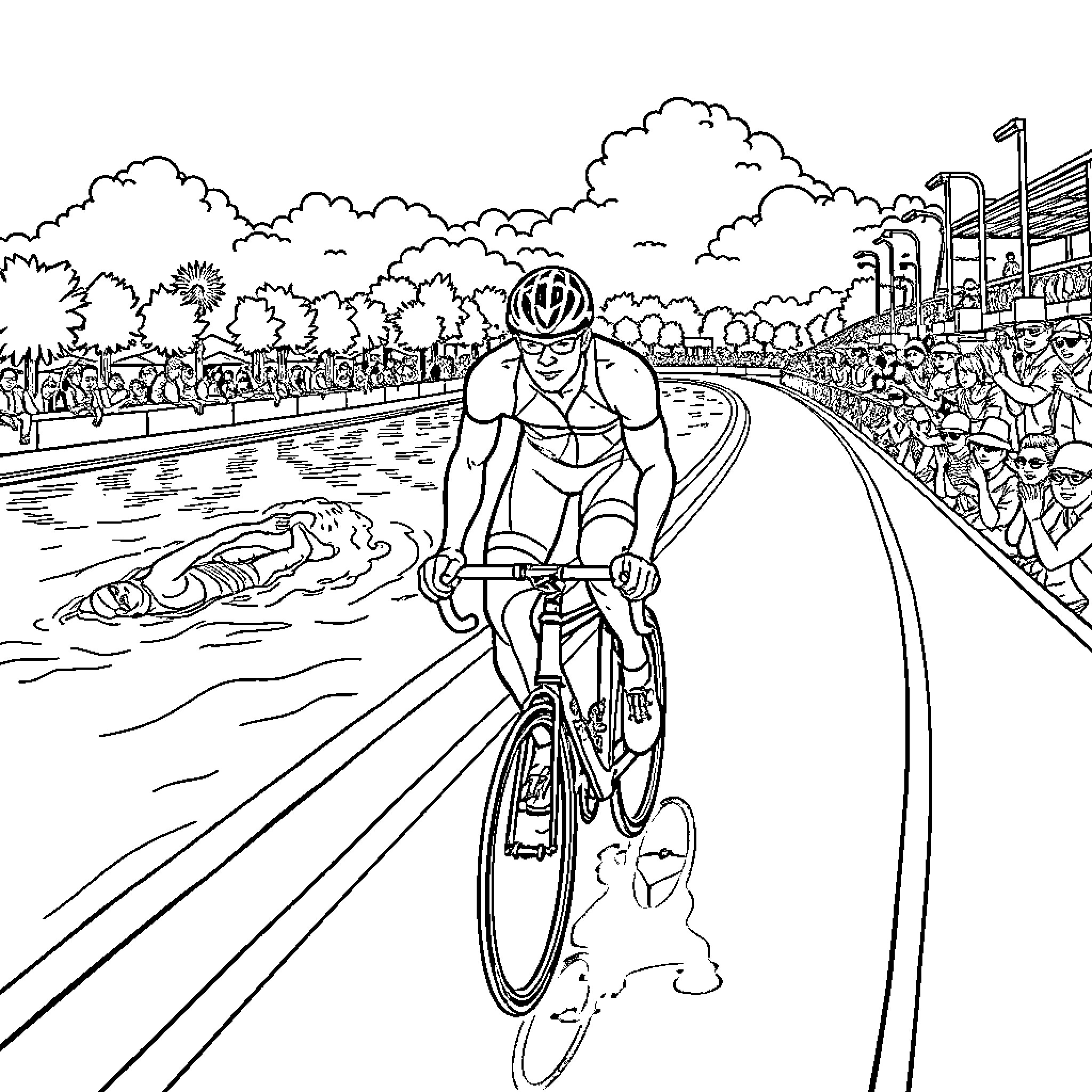 Man racing on bicycle through crowded sporting event Coloring Page (free black-and-white line drawing printable PDF for all, from beginners to advanced learners, including children, teens, adults, and seniors)