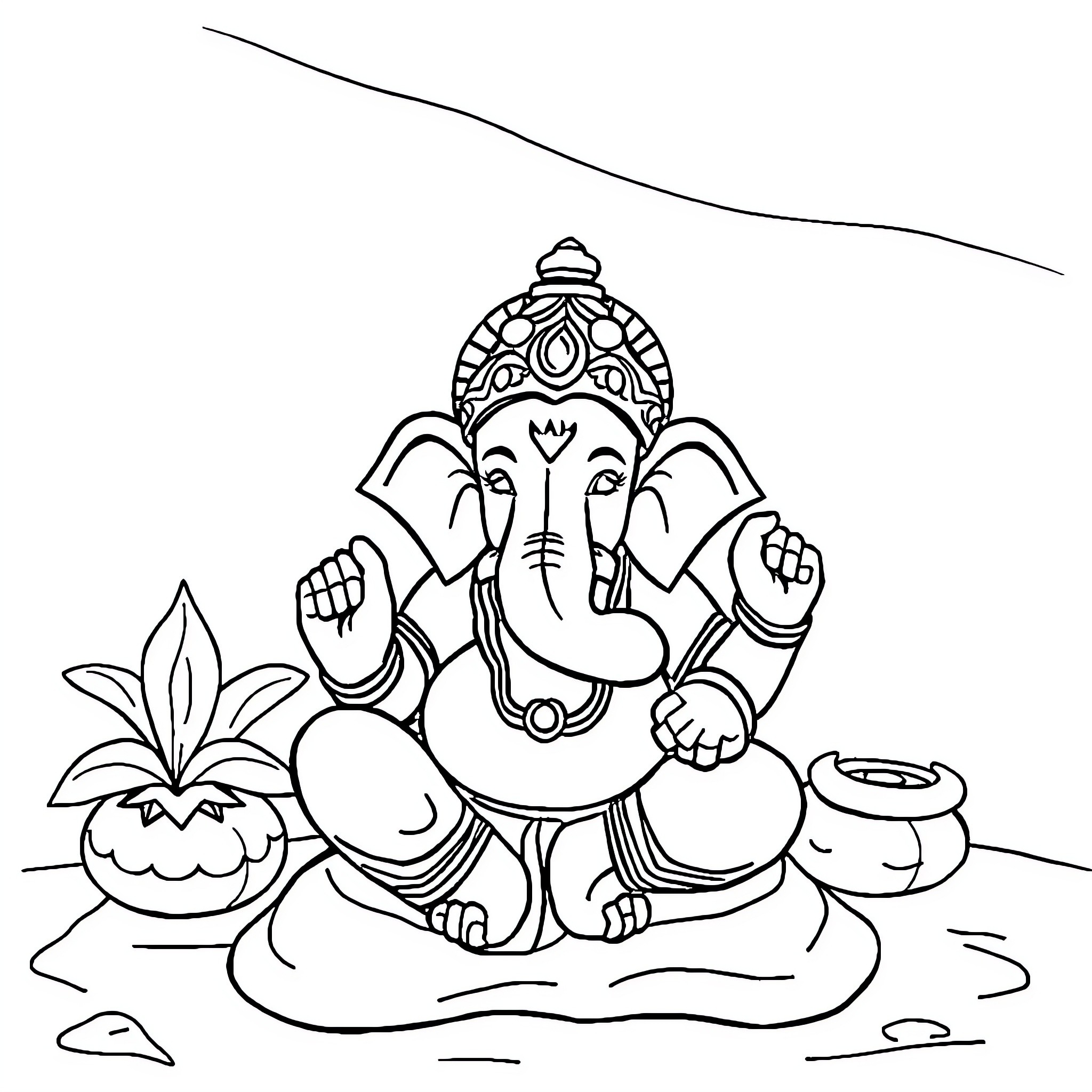 Ganpati seated in meditation with symbolic decorations Coloring Page (free black-and-white line drawing printable PDF for all, from beginners to advanced learners, including children, teens, adults, and seniors)
