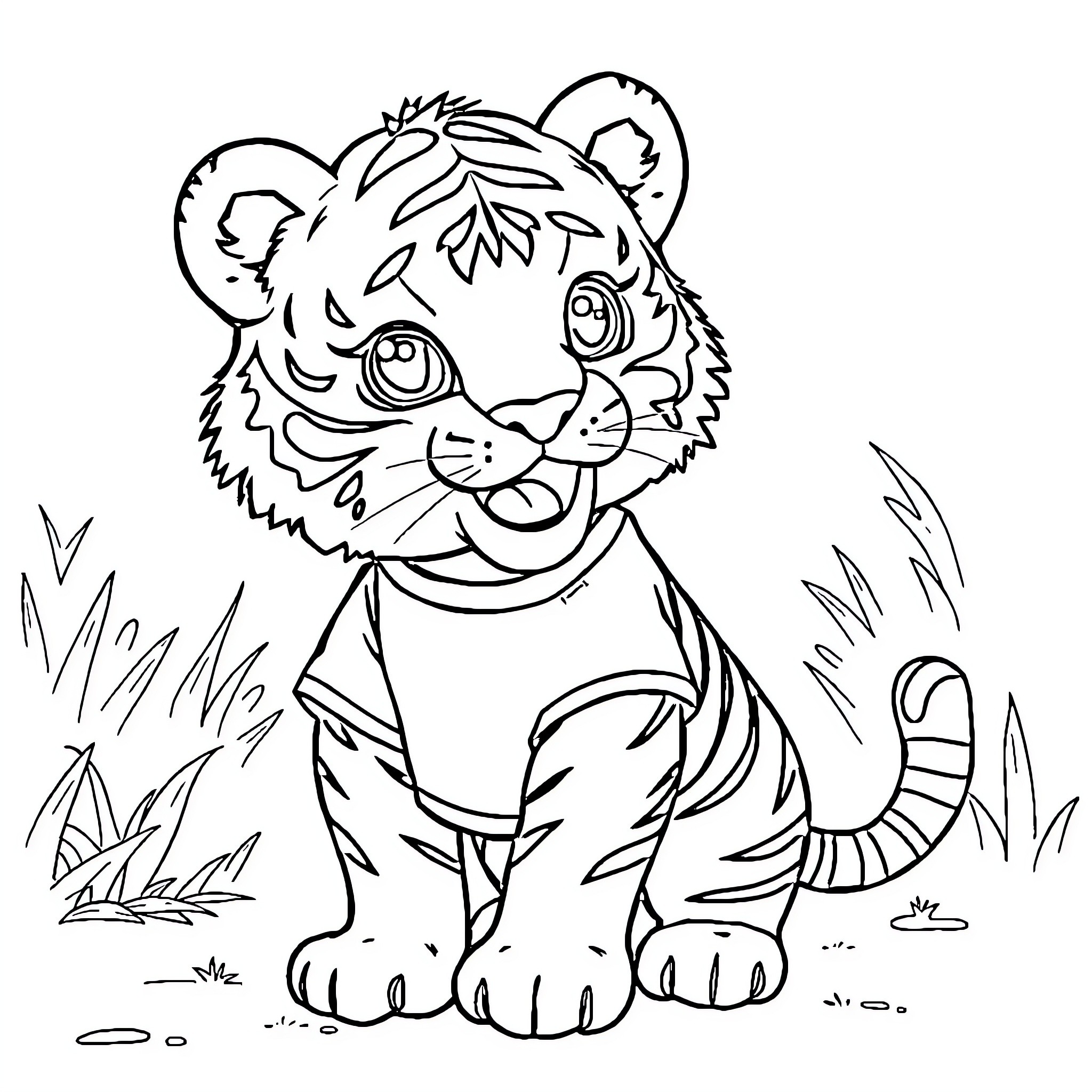 Tiger cub playing in the wild Coloring Page (free black-and-white line drawing printable PDF for all, from beginners to advanced learners, including children, teens, adults, and seniors)