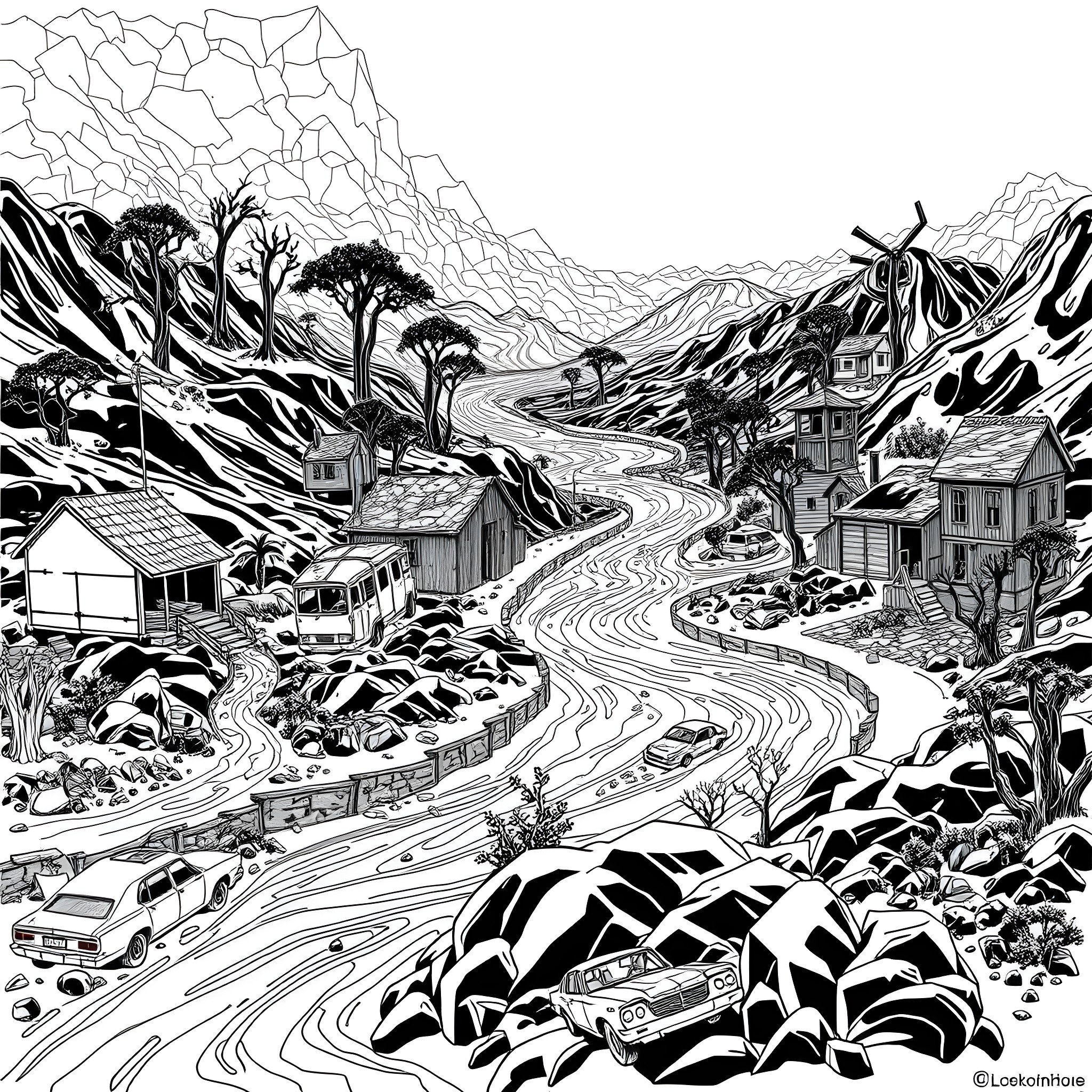 Volcano eruption disrupting rural mountain town Coloring Page (free black-and-white line drawing printable PDF for all, from beginners to advanced learners, including children, teens, adults, and seniors)