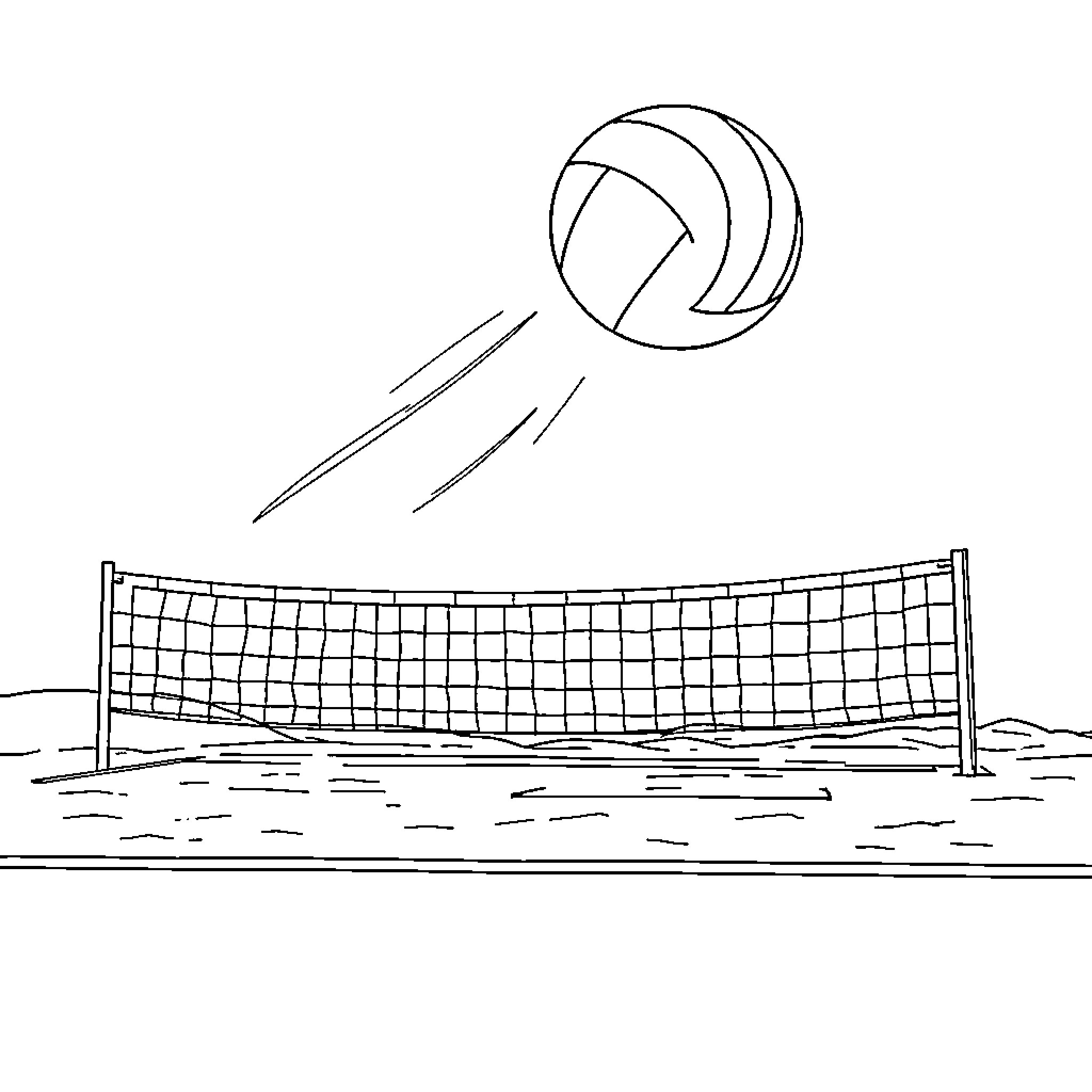 Volleyball game in action on the court Coloring Page (free black-and-white line drawing printable PDF for all, from beginners to advanced learners, including children, teens, adults, and seniors)