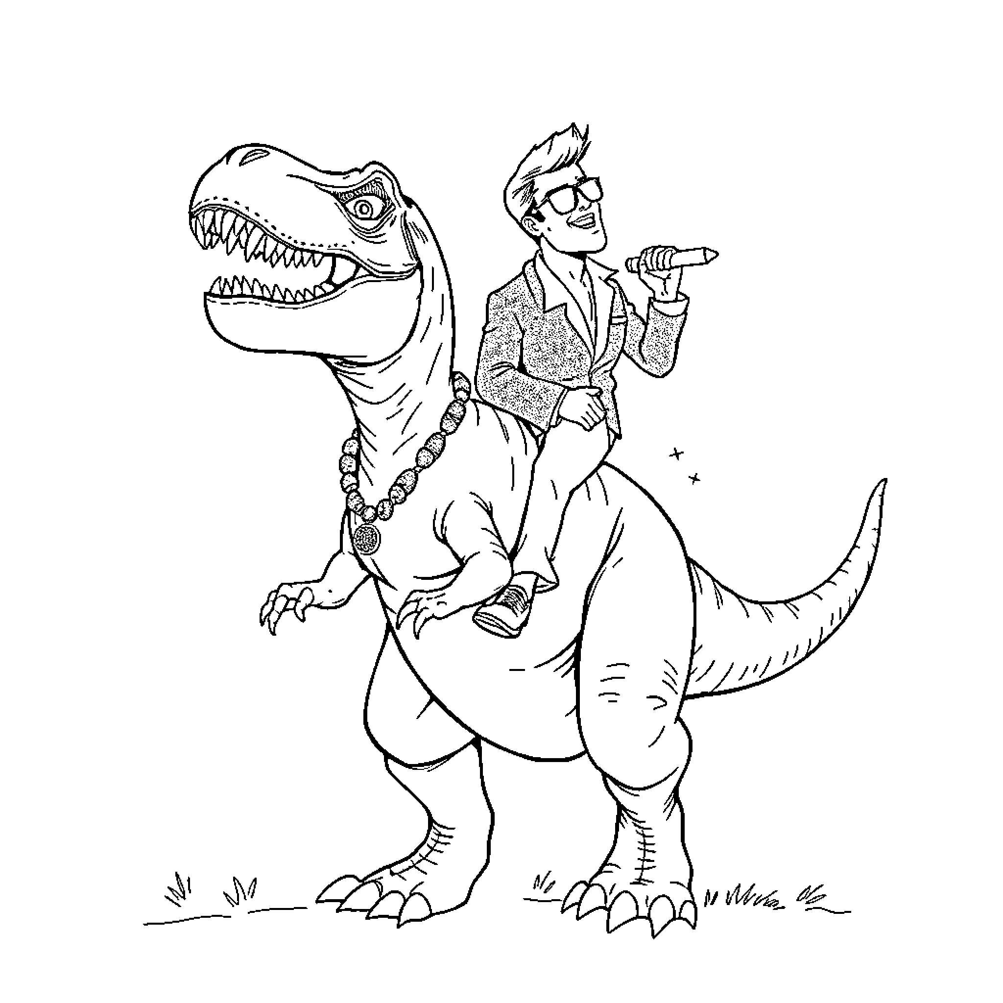 Trex with a suited man singing karaoke Coloring Page (free black-and-white line drawing printable PDF for all, from beginners to advanced learners, including children, teens, adults, and seniors)