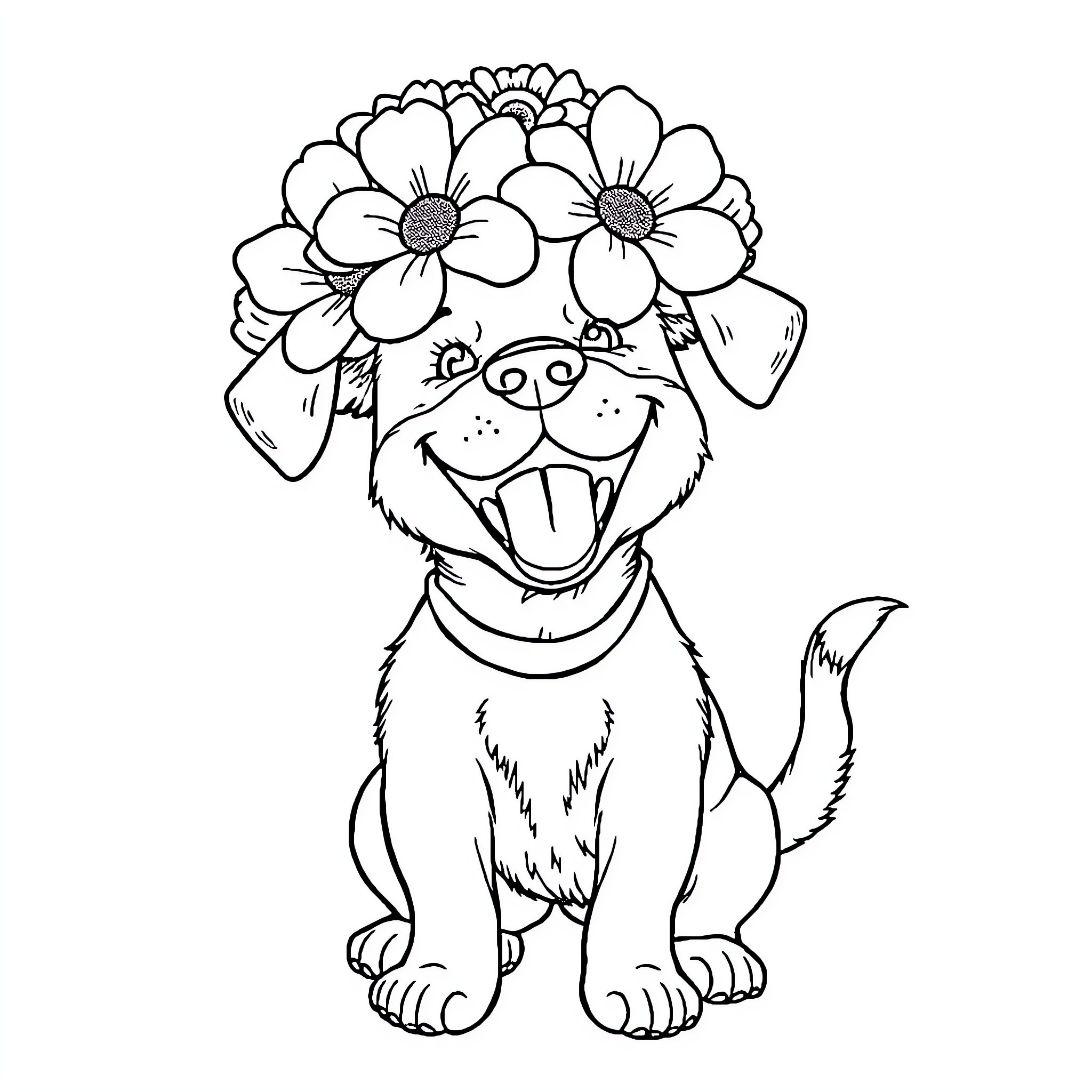 Dog wearing a floral crown and smiling happily Coloring Page (free black-and-white line drawing printable PDF for all, from beginners to advanced learners, including children, teens, adults, and seniors)