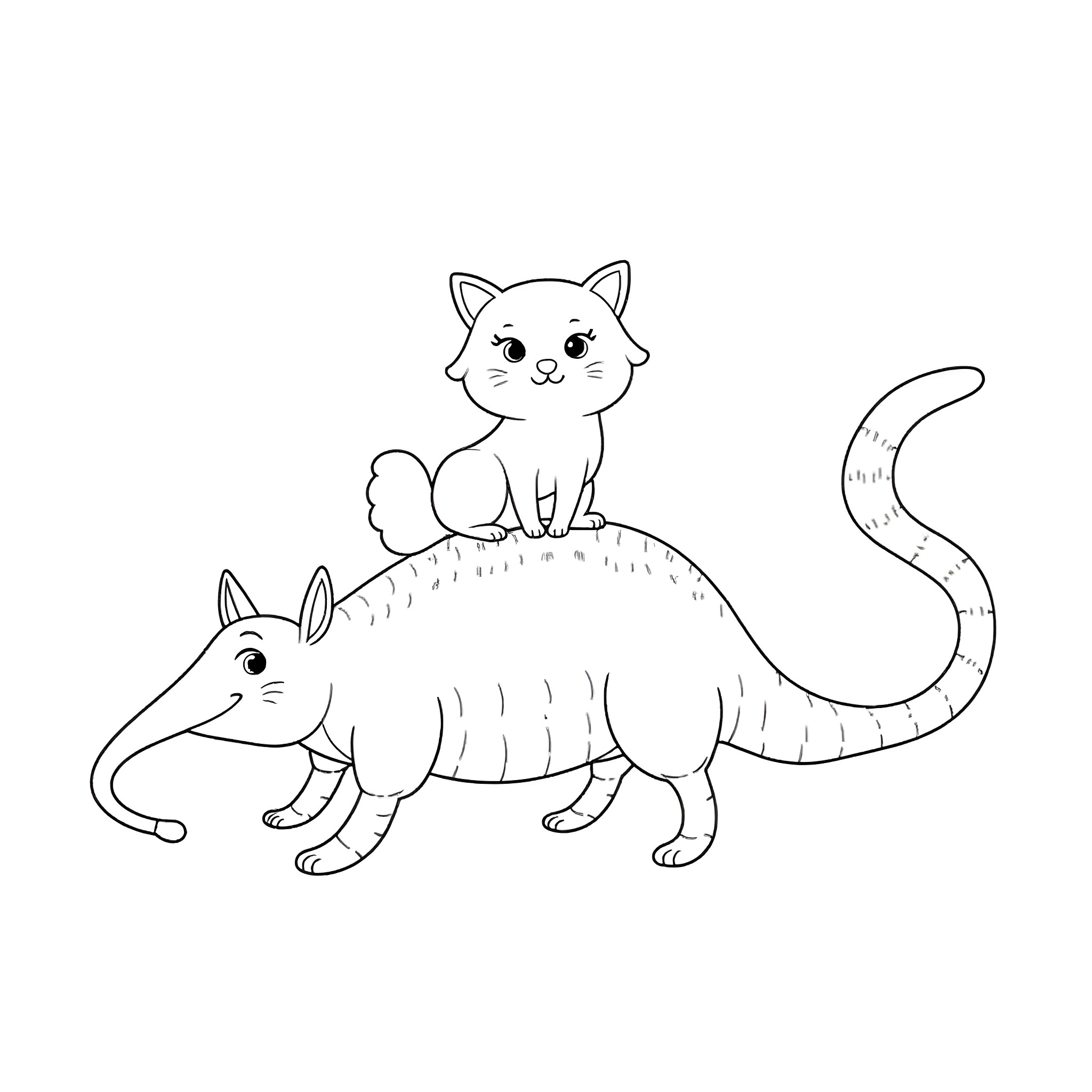 Cat Riding on Armadillo Coloring Page (free black-and-white line drawing printable PDF for all, from beginners to advanced learners, including children, teens, adults, and seniors)