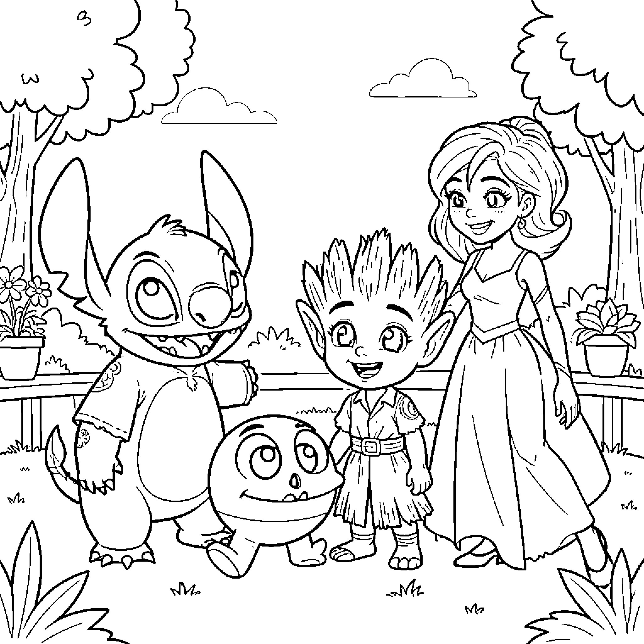 Groot and friends smiling together in a garden Coloring Page (free black-and-white line drawing printable PDF for all, from beginners to advanced learners, including children, teens, adults, and seniors)