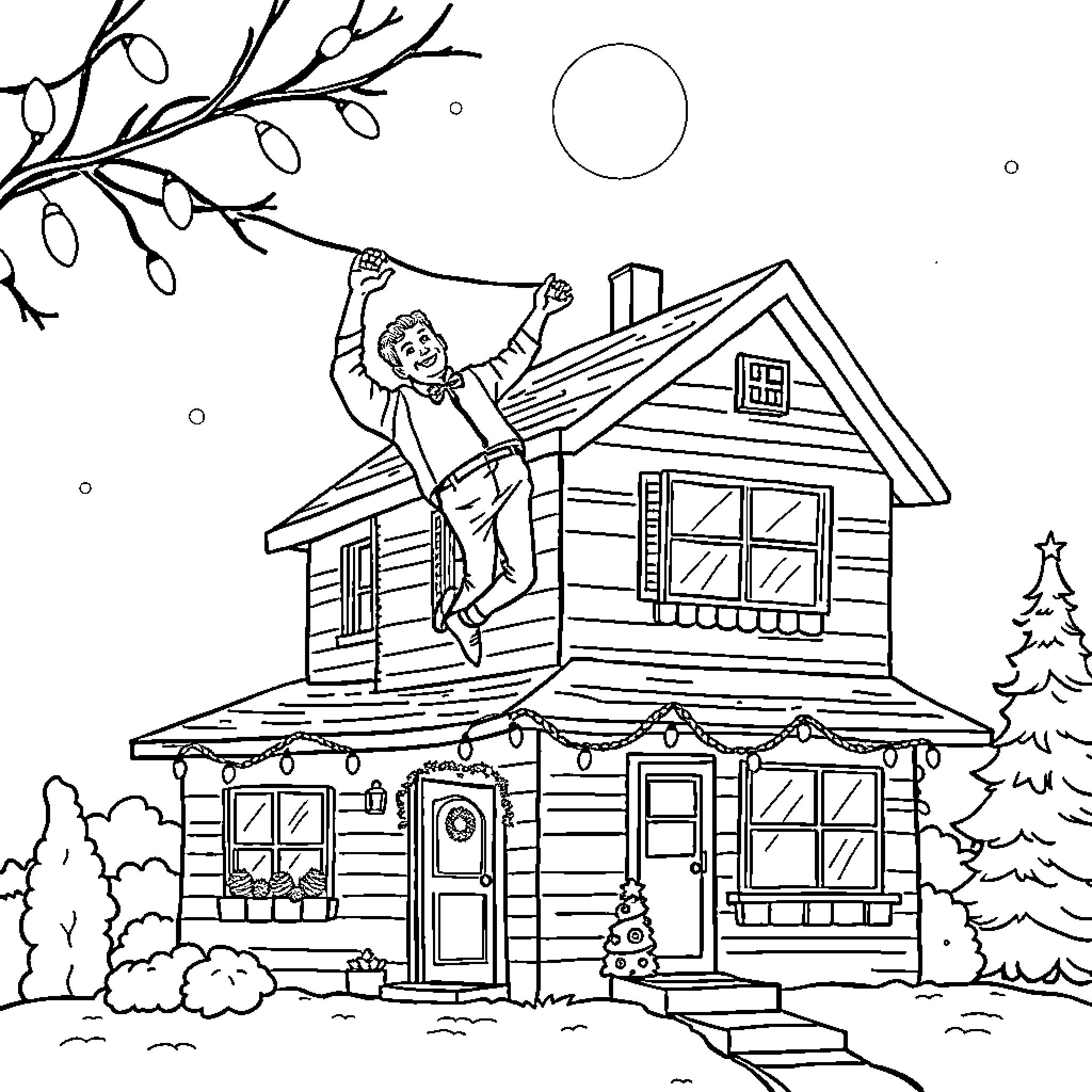 Dad joyfully decorating his cozy winter cabin Coloring Page (free black-and-white line drawing printable PDF for all, from beginners to advanced learners, including children, teens, adults, and seniors)