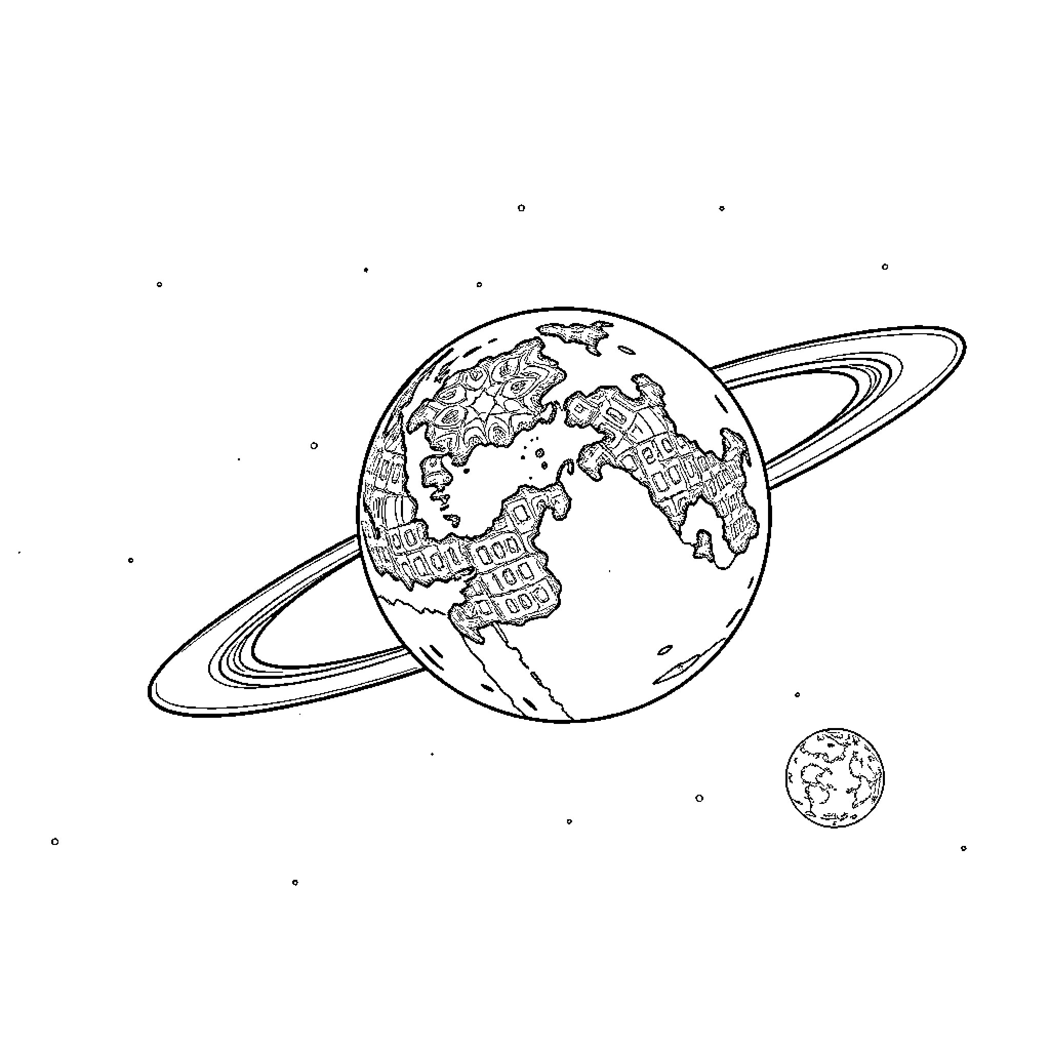 Moon and planets in celestial space Coloring Page (free black-and-white line drawing printable PDF for all, from beginners to advanced learners, including children, teens, adults, and seniors)