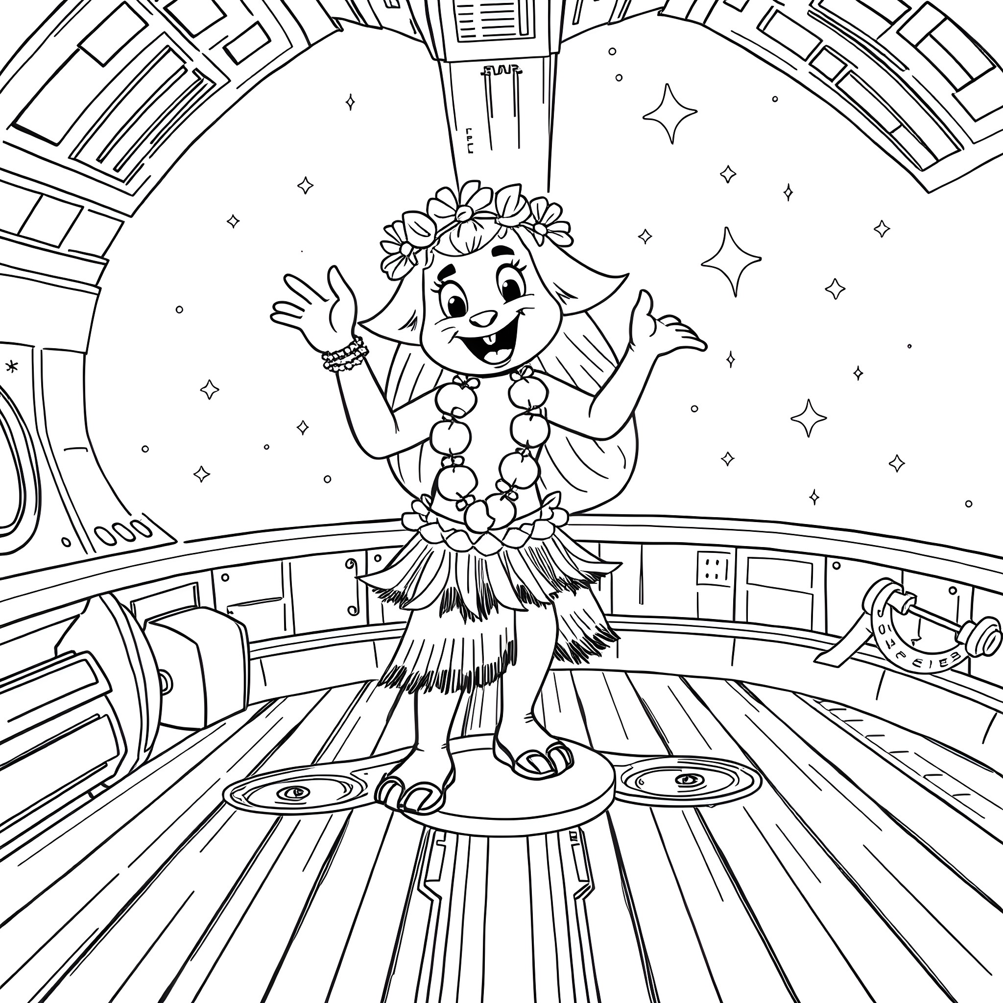 Bluey dancing joyfully on stage Coloring Page (free black-and-white line drawing printable PDF for all, from beginners to advanced learners, including children, teens, adults, and seniors)