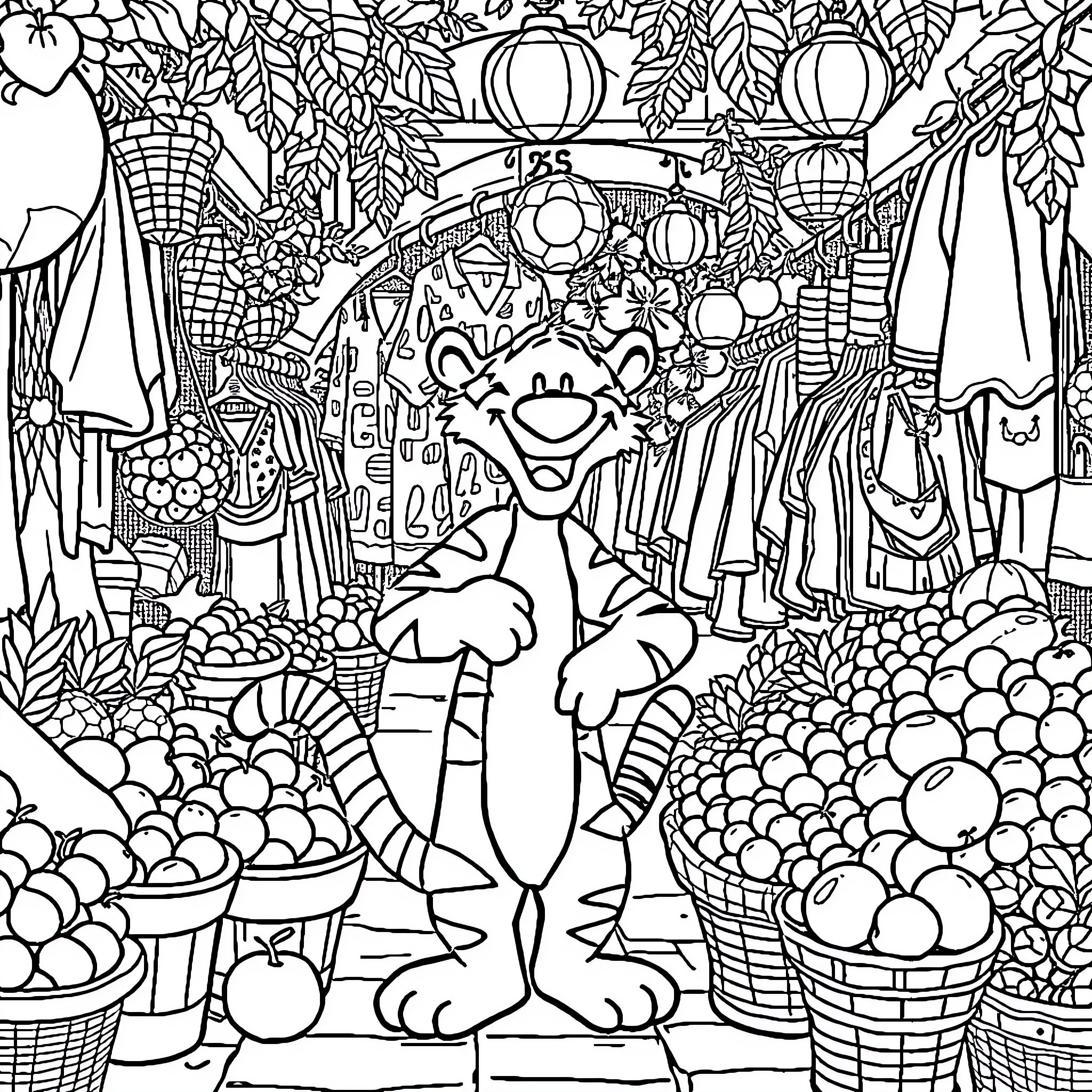 Tigger's Vibrant Market Adventure Coloring Page (free black-and-white line drawing printable PDF for all, from beginners to advanced learners, including children, teens, adults, and seniors)
