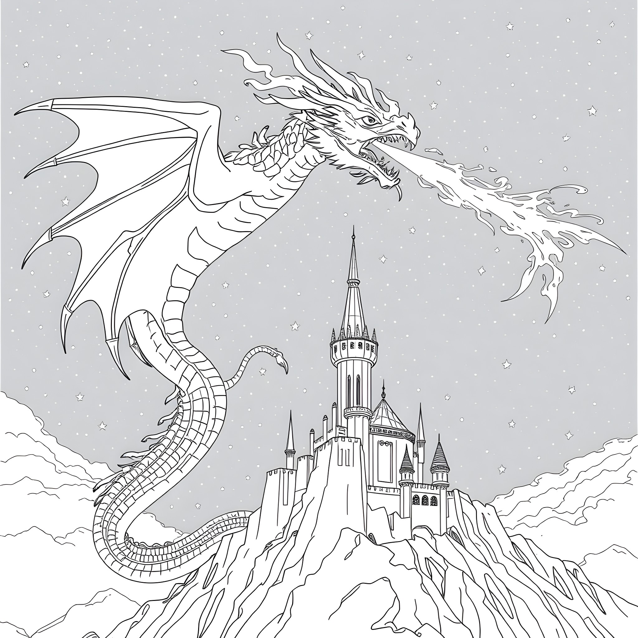 Dragon Breathing Fire Above a Magical Castle Coloring Page (free black-and-white line drawing printable PDF for all, from beginners to advanced learners, including children, teens, adults, and seniors)