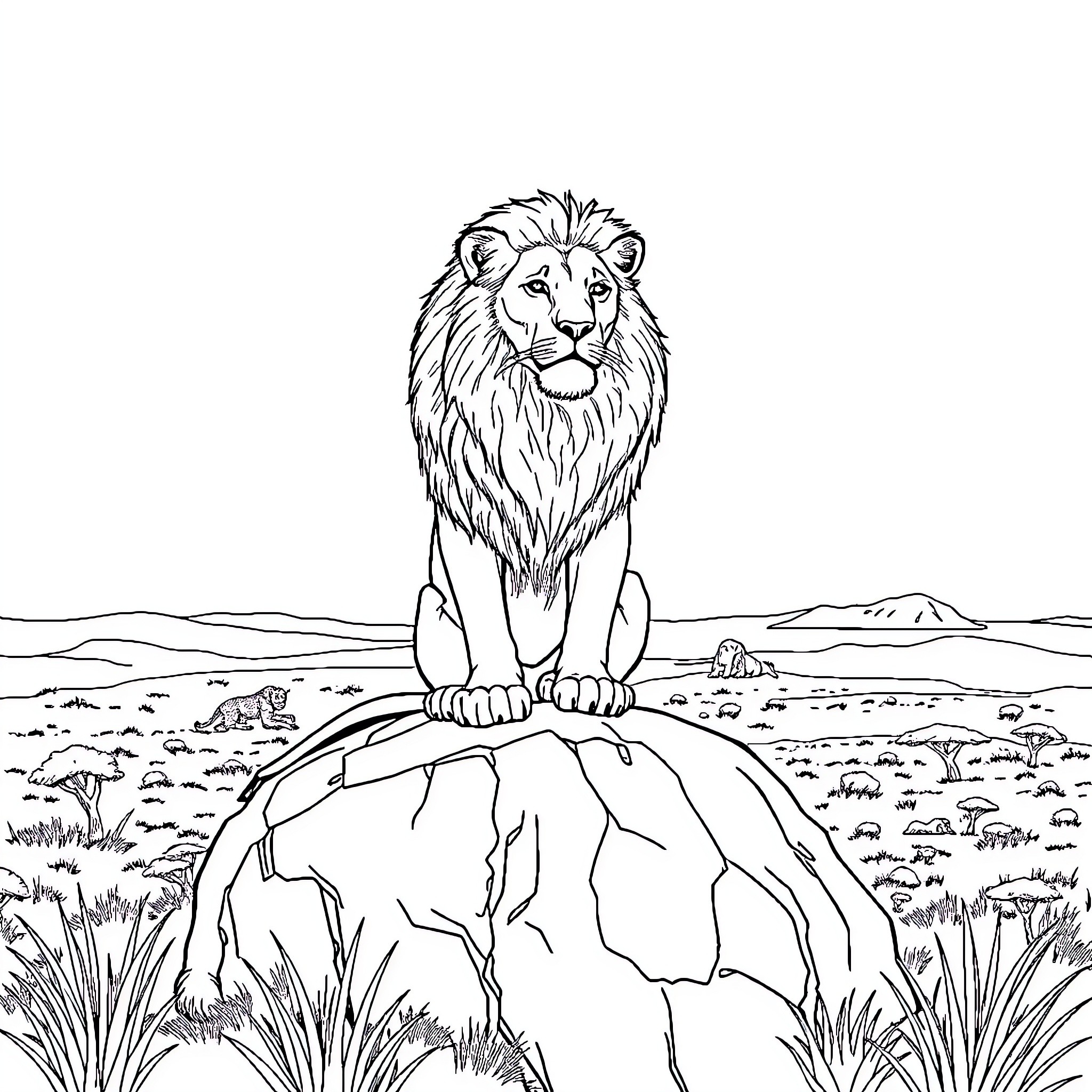 Lion standing majestically on a rocky outcrop Coloring Page (free black-and-white line drawing printable PDF for all, from beginners to advanced learners, including children, teens, adults, and seniors)