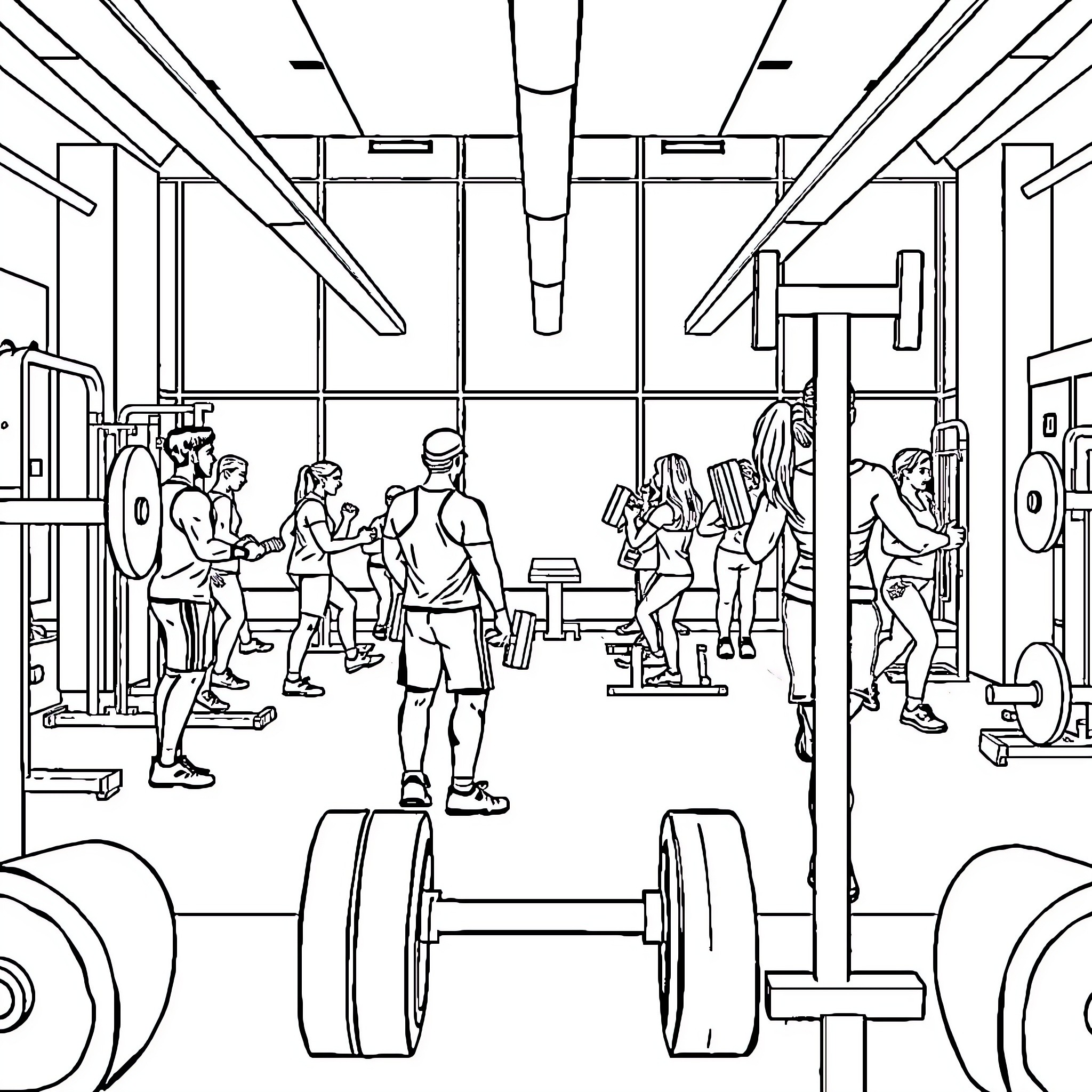 Workout in the Fitness Center Coloring Page (free black-and-white line drawing printable PDF for all, from beginners to advanced learners, including children, teens, adults, and seniors)