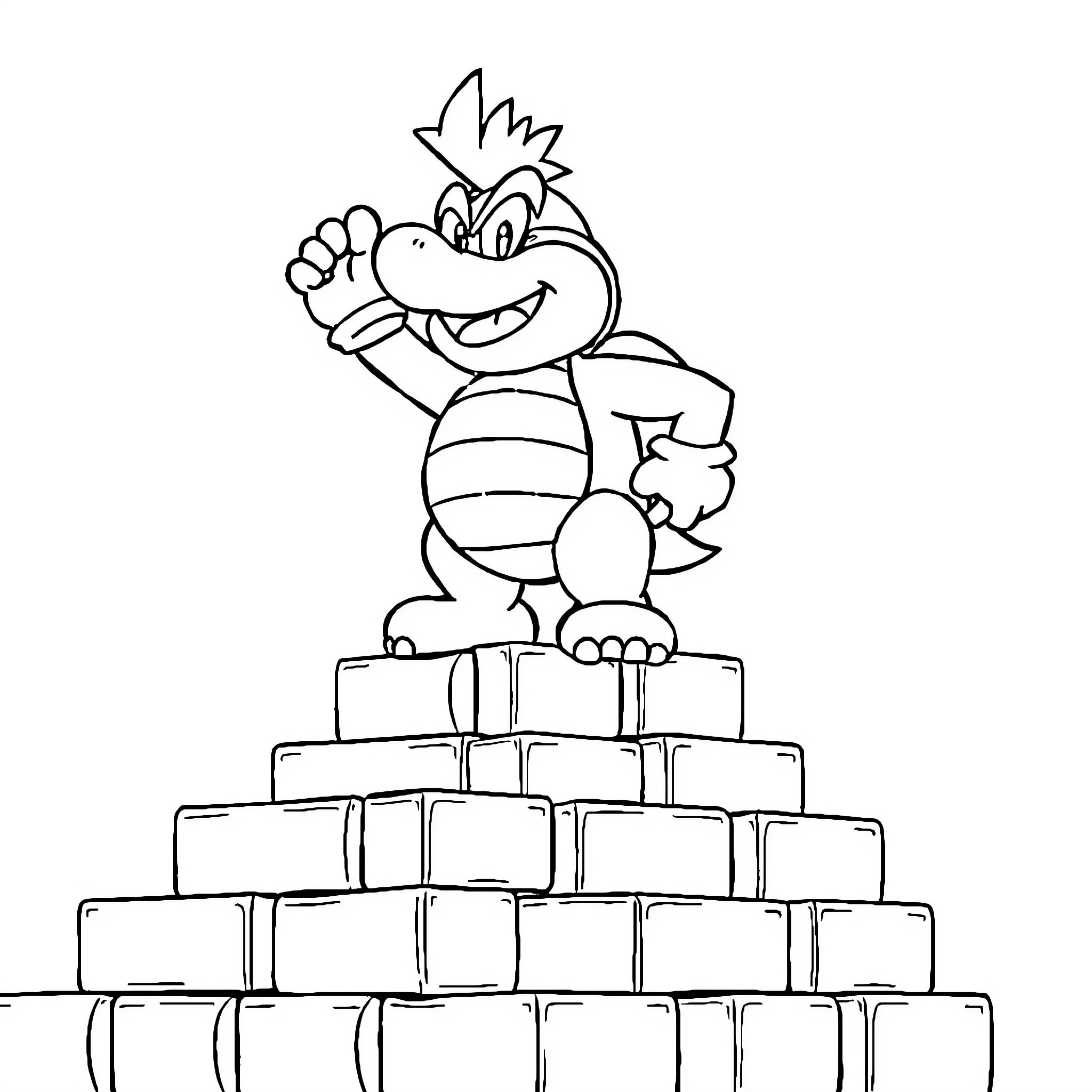 Roy Koopaling standing on a tower of blocks Coloring Page (free black-and-white line drawing printable PDF for all, from beginners to advanced learners, including children, teens, adults, and seniors)