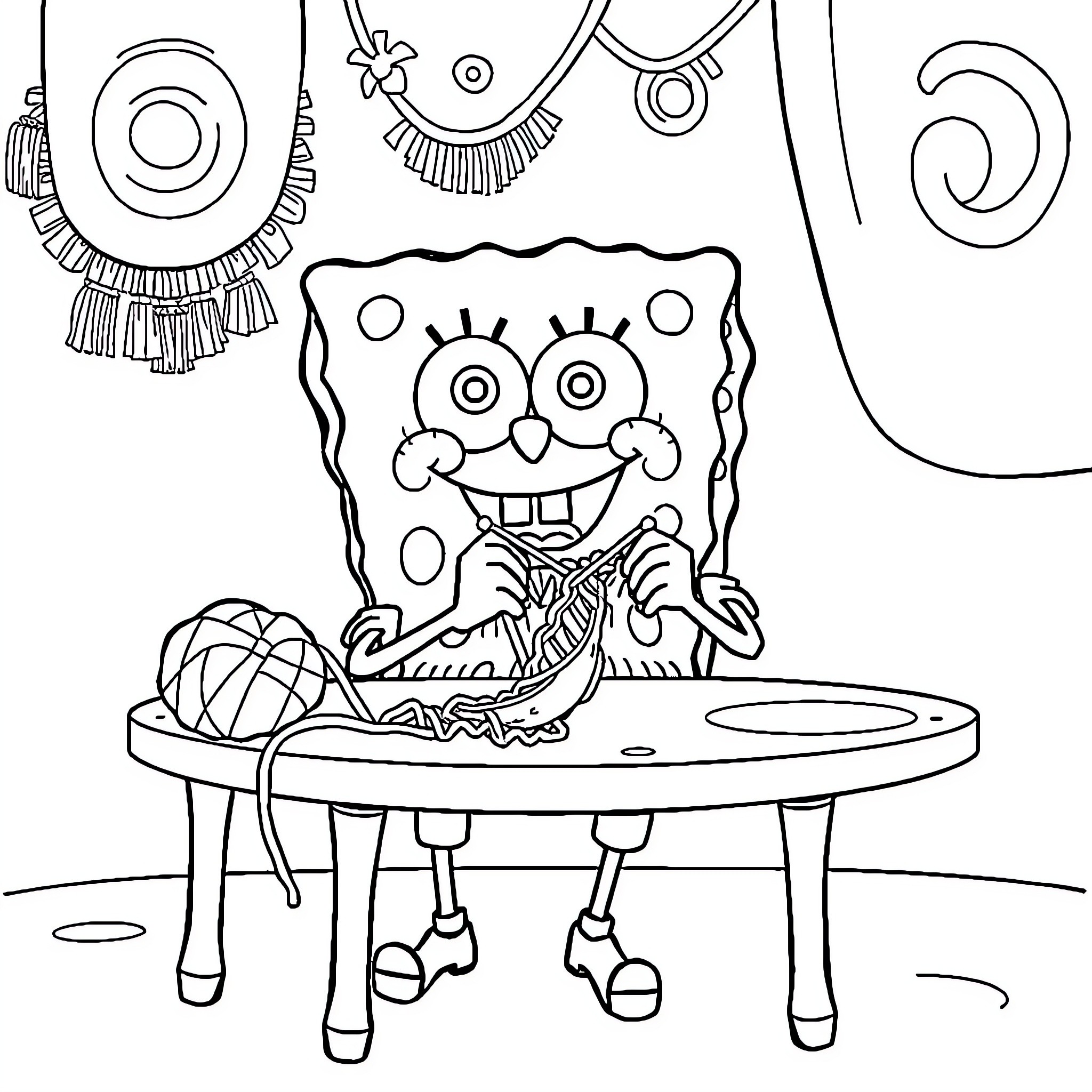 Spongebob having fun with crafts and accessories Coloring Page (free black-and-white line drawing printable PDF for all, from beginners to advanced learners, including children, teens, adults, and seniors)