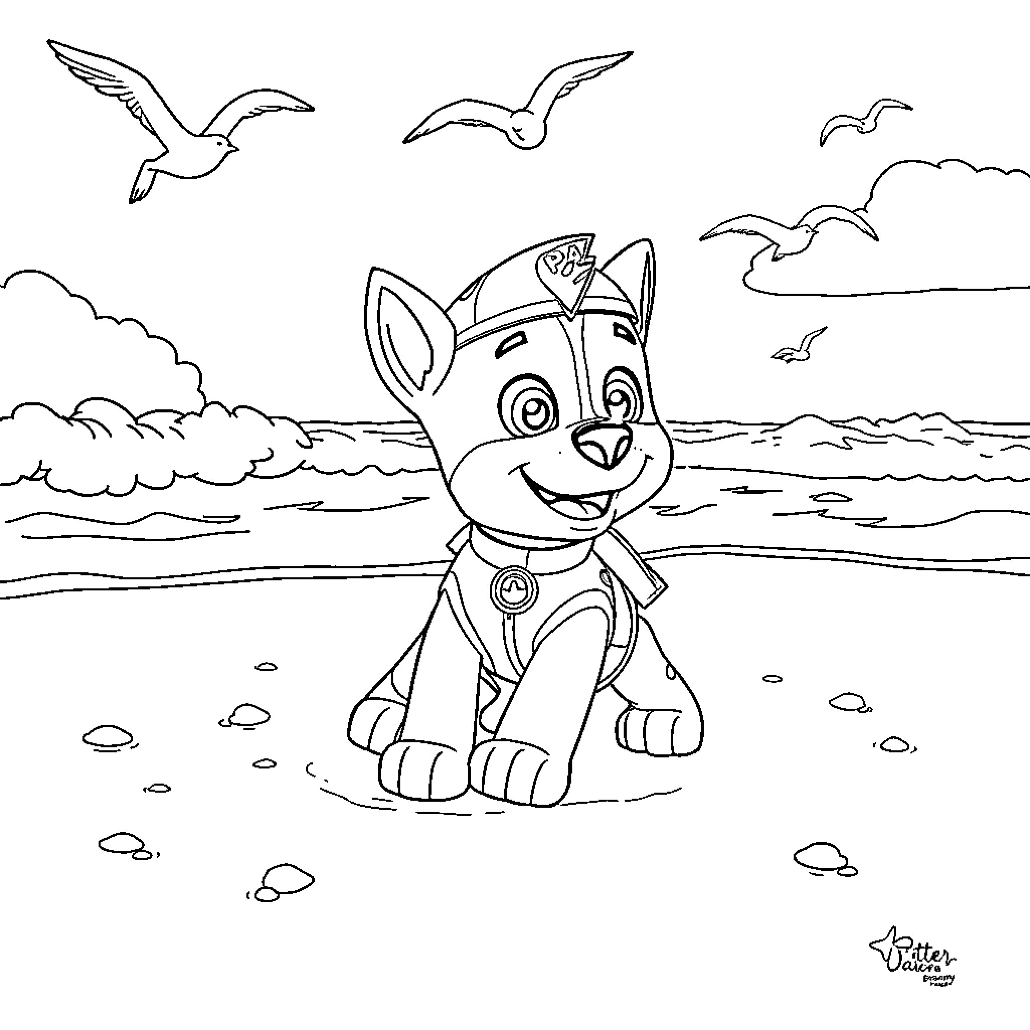 Chase of the Pup on the Beach Coloring Page (free black-and-white line drawing printable PDF for all, from beginners to advanced learners, including children, teens, adults, and seniors)