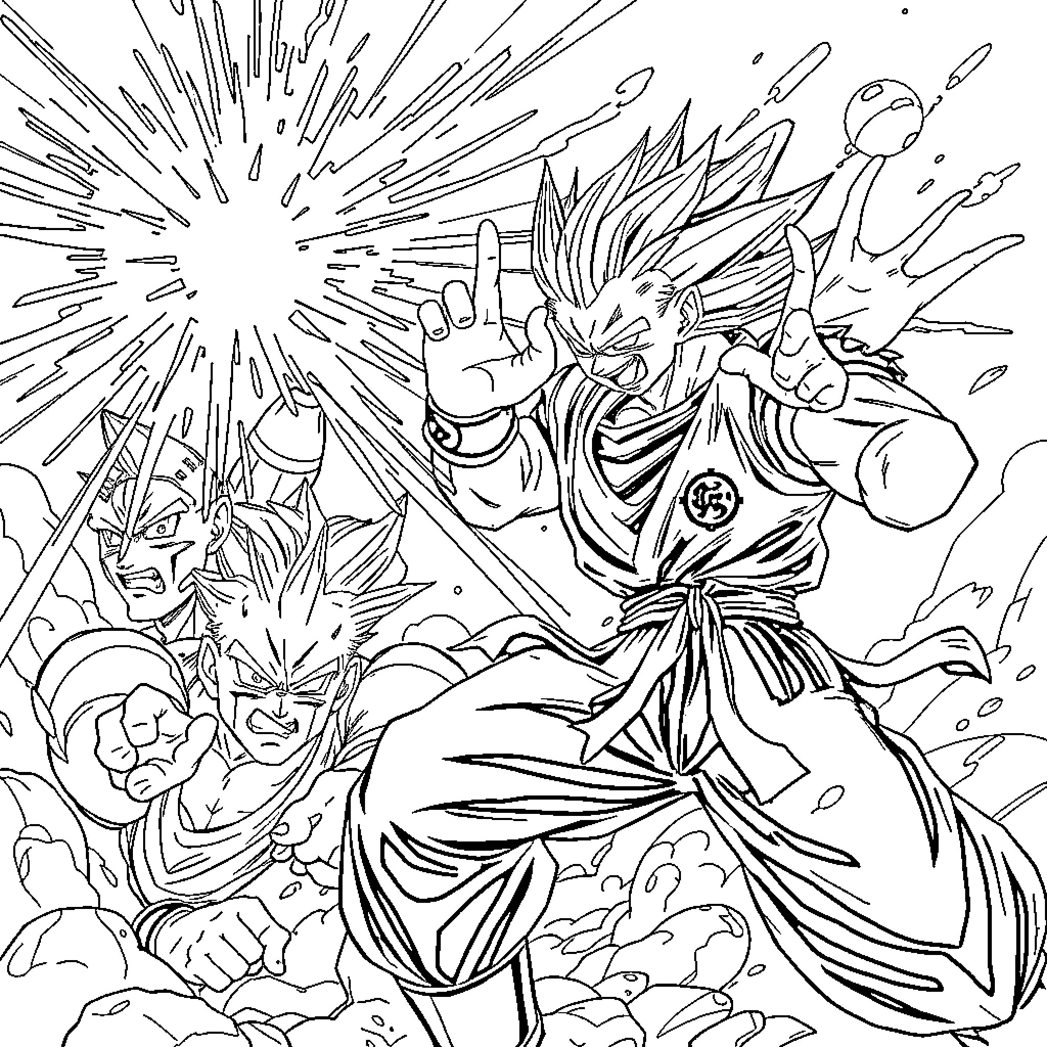 Dragonball characters in epic battle scene Coloring Page (free black-and-white line drawing printable PDF for all, from beginners to advanced learners, including children, teens, adults, and seniors)