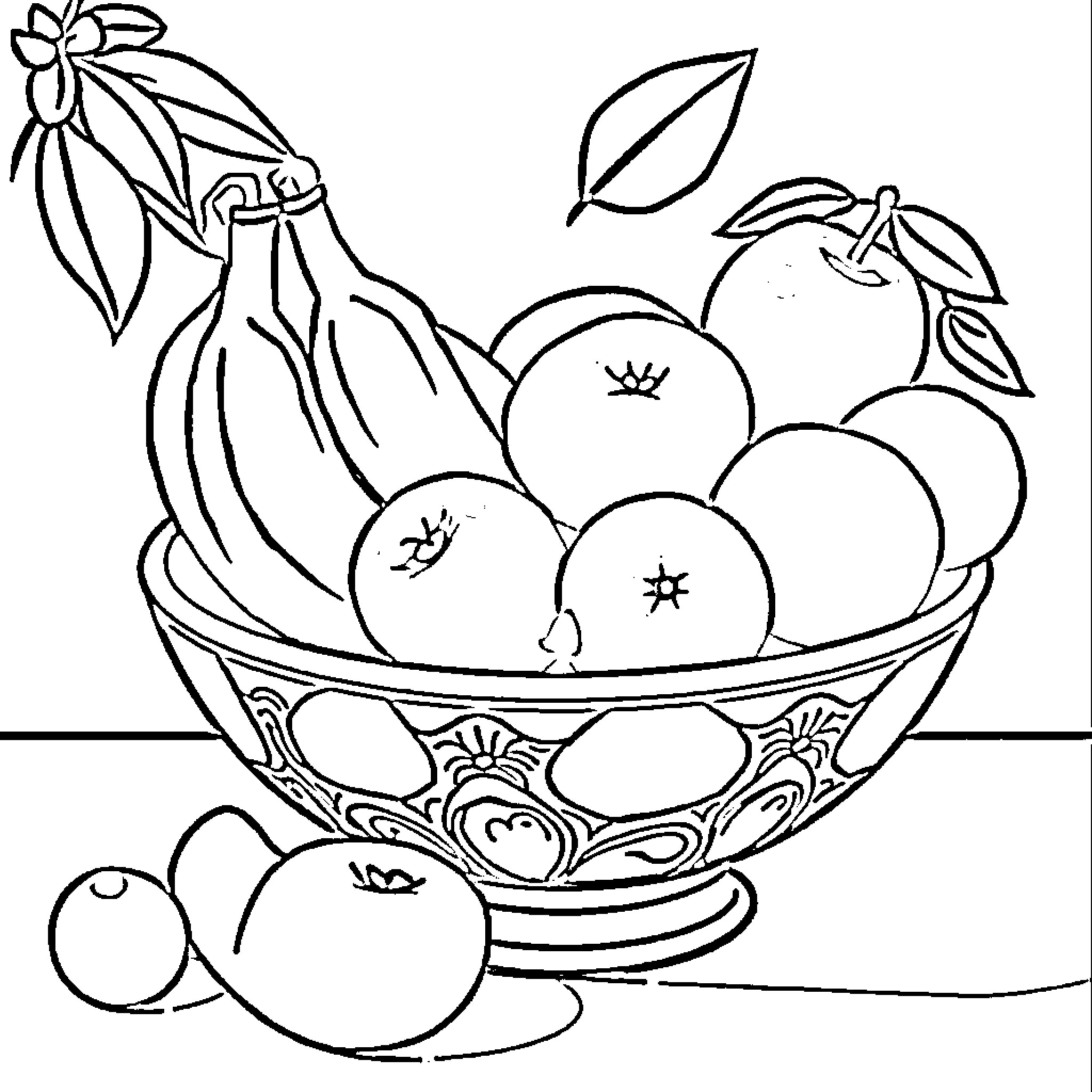 Fruit Bowl with Assorted Produce Coloring Page (free black-and-white line drawing printable PDF for all, from beginners to advanced learners, including children, teens, adults, and seniors)