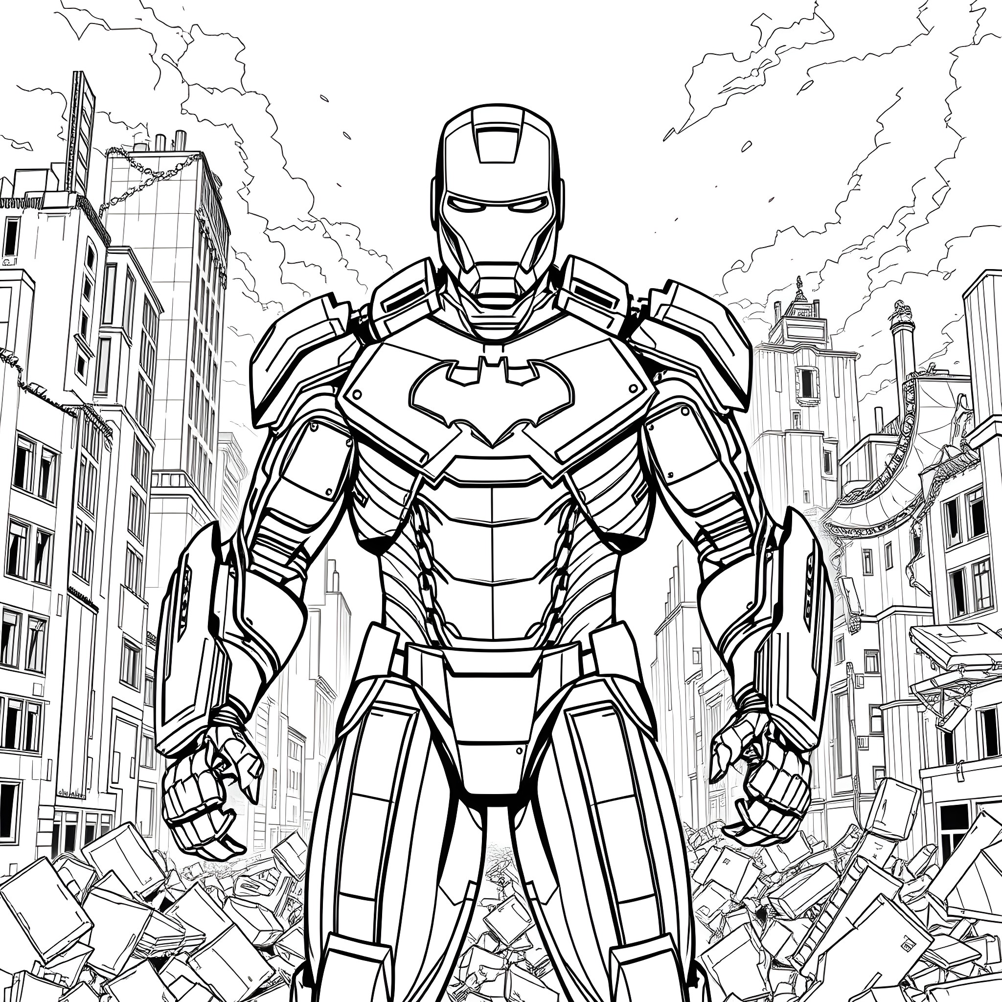 Ironman standing tall in a destroyed city Coloring Page (free black-and-white line drawing printable PDF for all, from beginners to advanced learners, including children, teens, adults, and seniors)