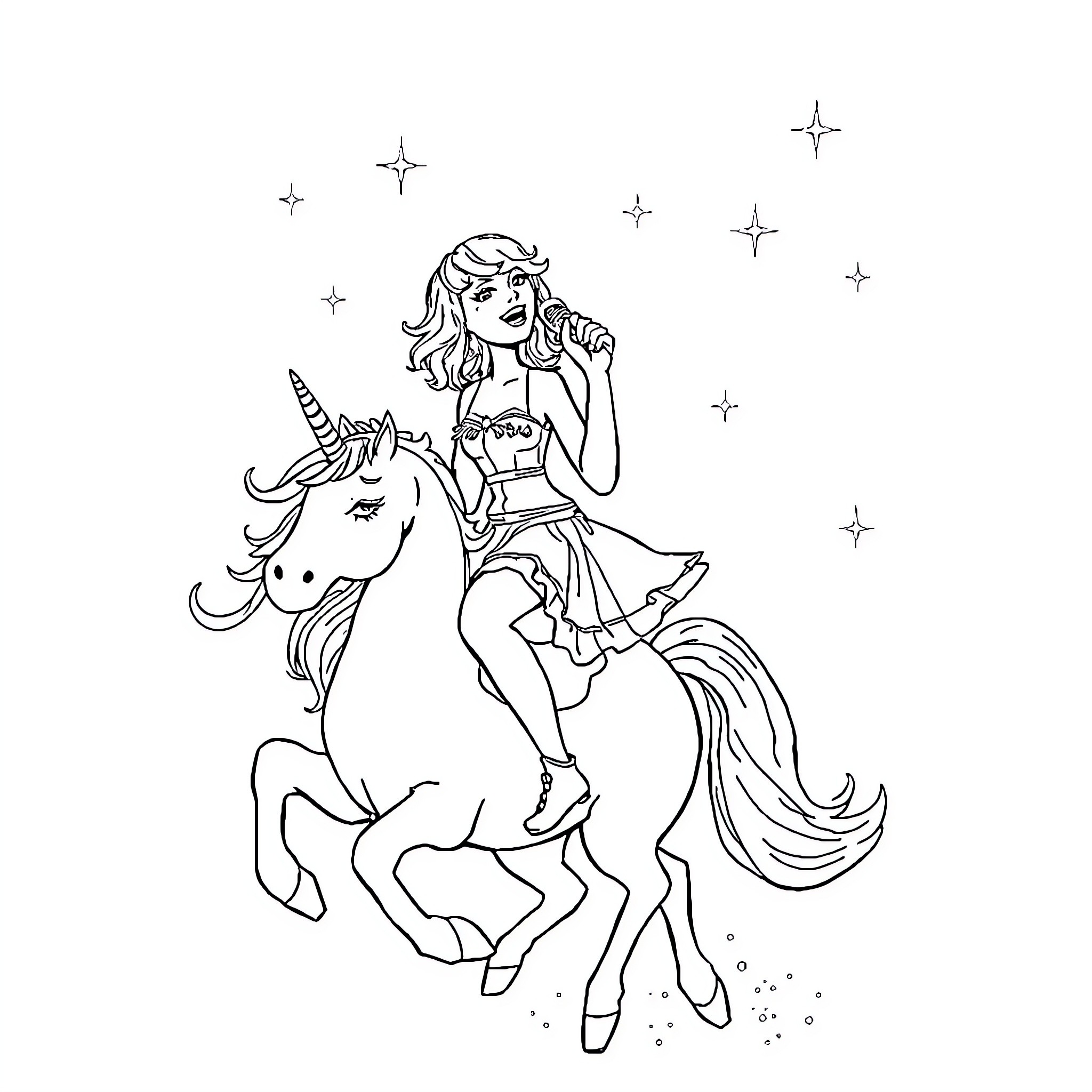 Taylor Swift riding a magical unicorn under starry skies Coloring Page (free black-and-white line drawing printable PDF for all, from beginners to advanced learners, including children, teens, adults, and seniors)