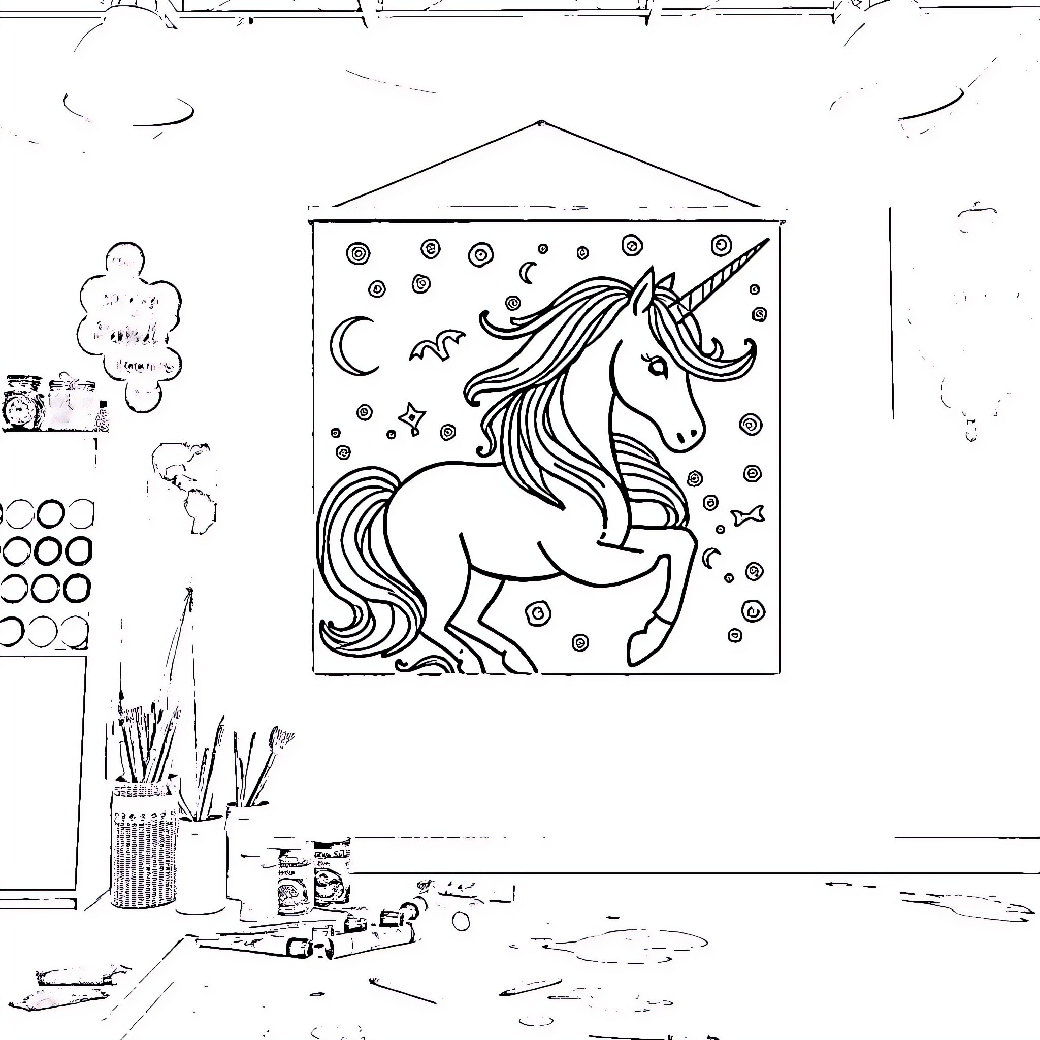 Unicorn standing in a whimsical landscape Coloring Page (free black-and-white line drawing printable PDF for all, from beginners to advanced learners, including children, teens, adults, and seniors)