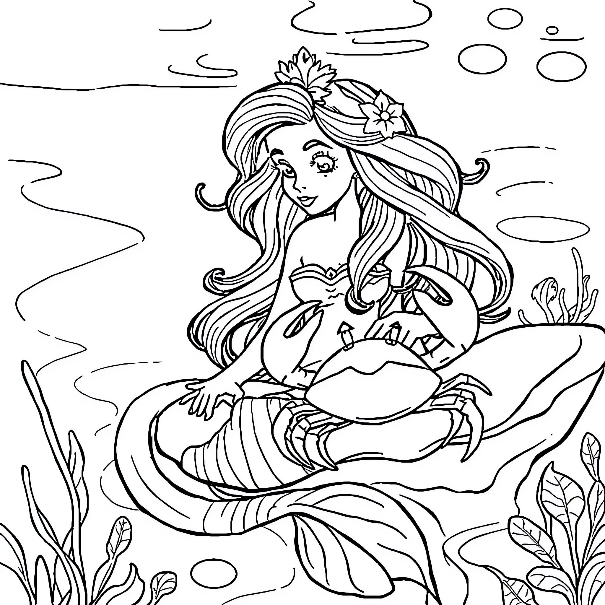Siren sitting gracefully in the underwater realm Coloring Page (free black-and-white line drawing printable PDF for all, from beginners to advanced learners, including children, teens, adults, and seniors)