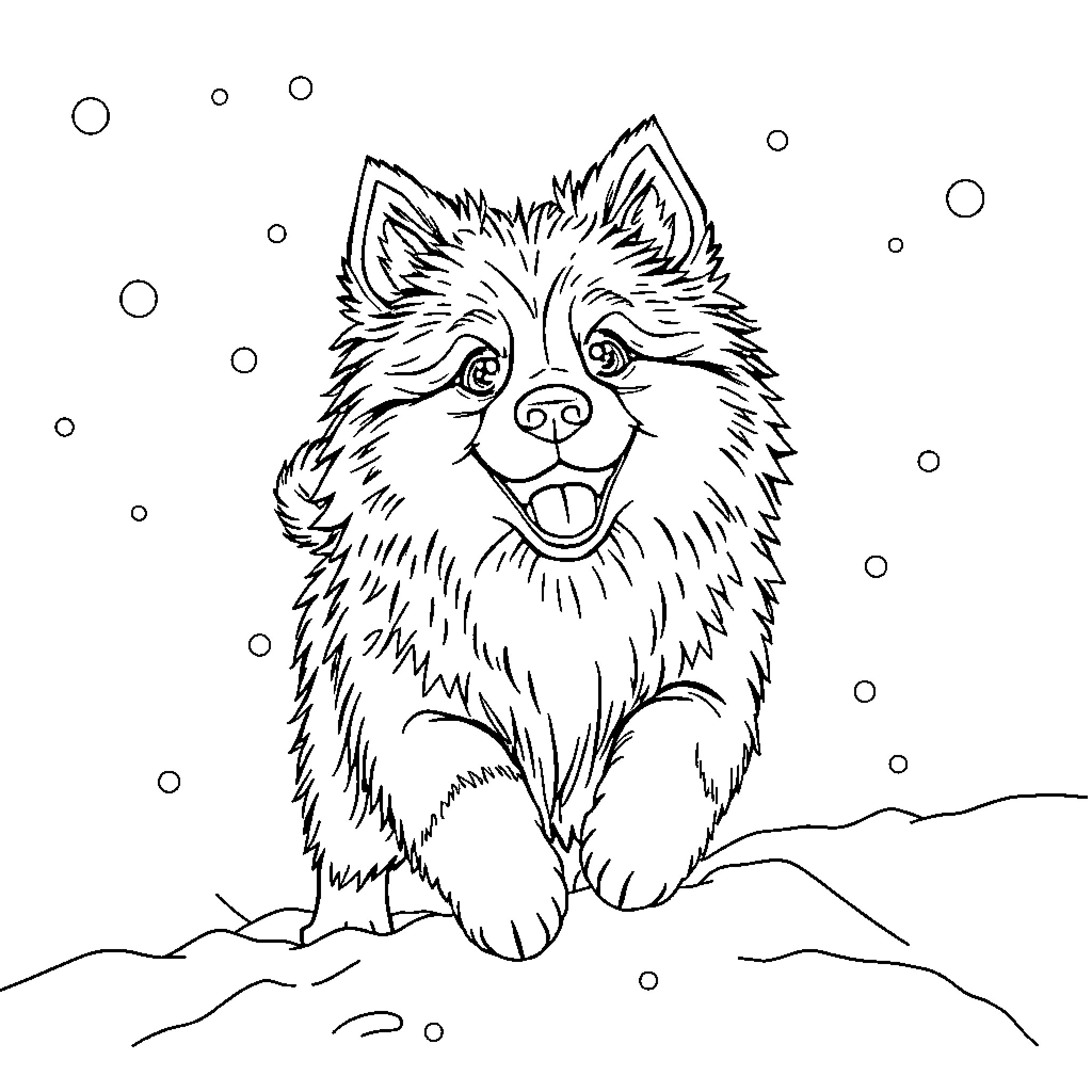 Finnish Lapphund playing happily in the snow Coloring Page (free black-and-white line drawing printable PDF for all, from beginners to advanced learners, including children, teens, adults, and seniors)