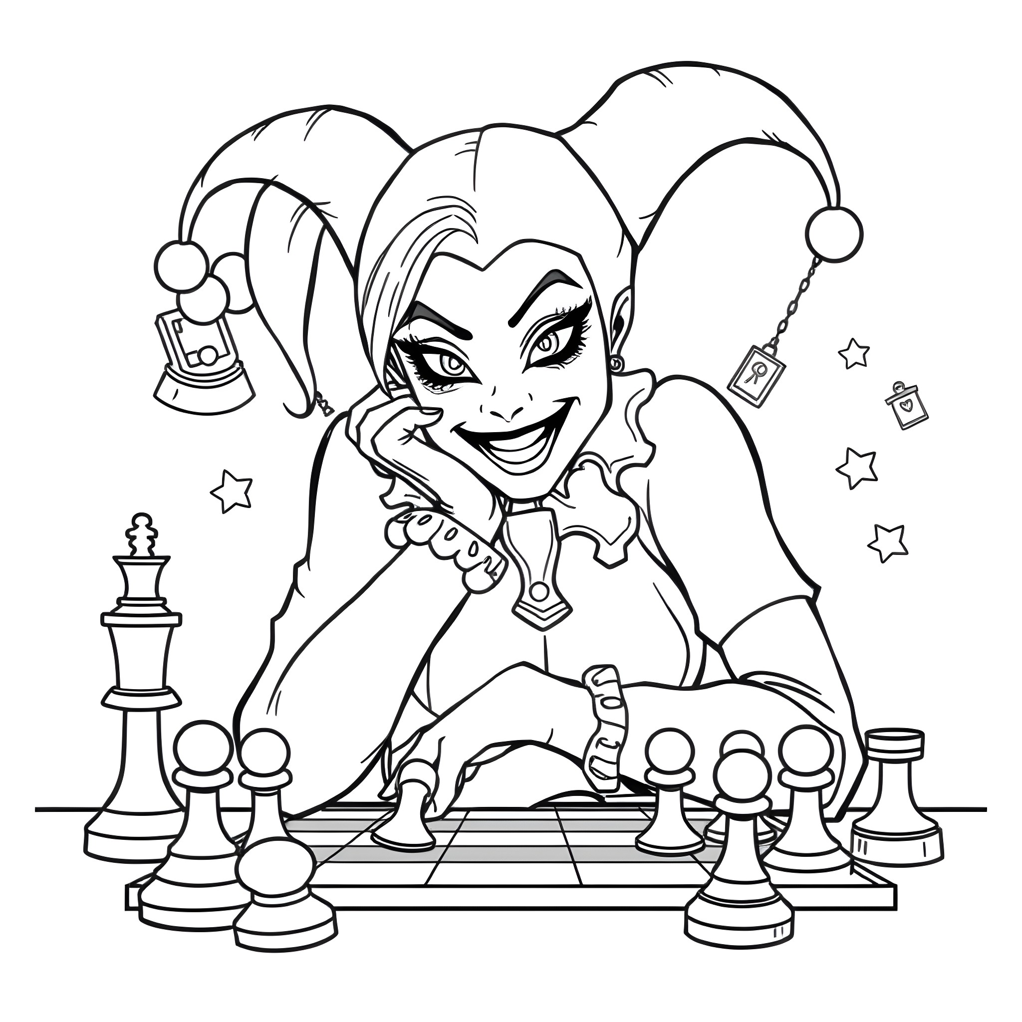Harley Quinn playing a chess game with intensity Coloring Page (free black-and-white line drawing printable PDF for all, from beginners to advanced learners, including children, teens, adults, and seniors)