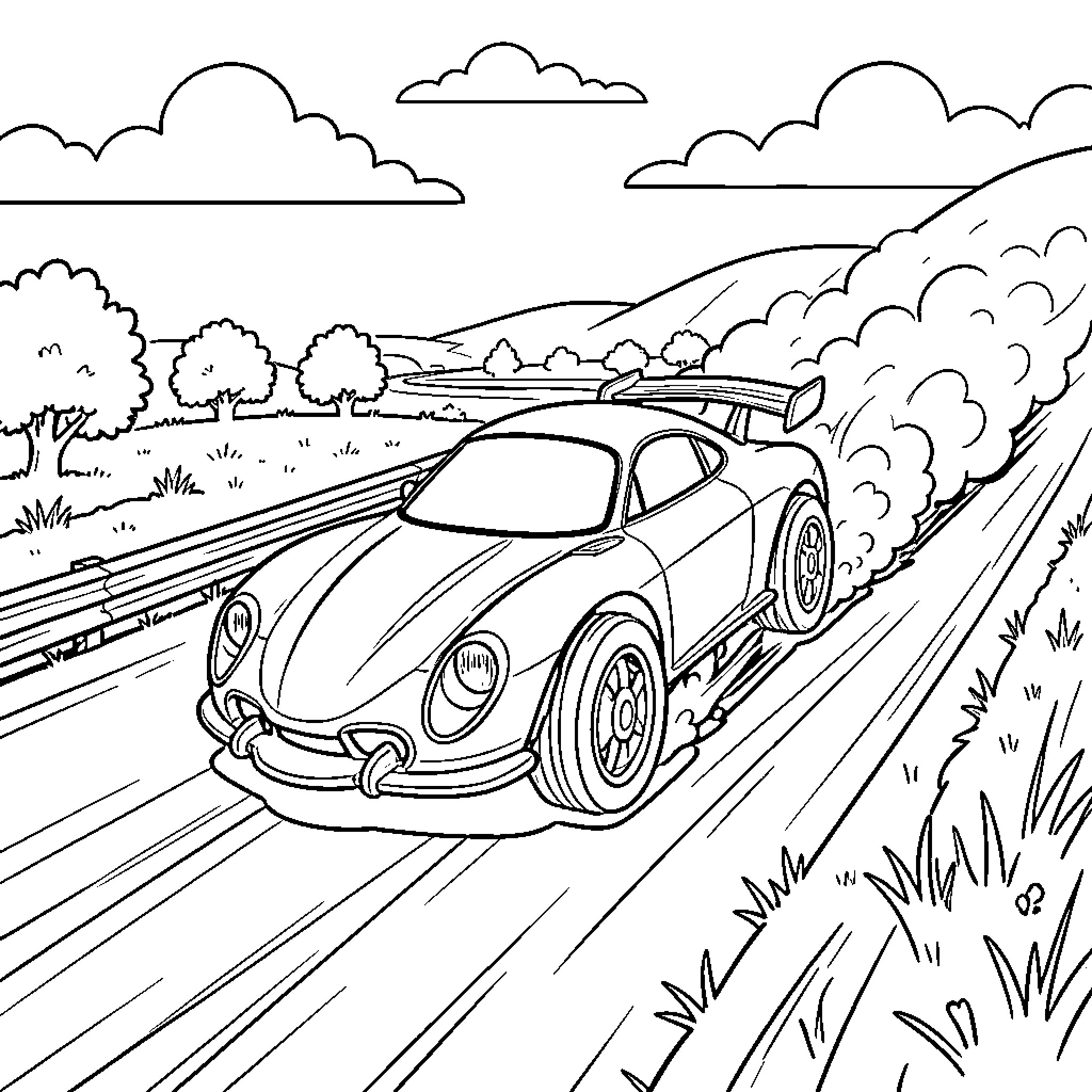 Bolide racing fast along a winding mountain road Coloring Page (free black-and-white line drawing printable PDF for all, from beginners to advanced learners, including children, teens, adults, and seniors)