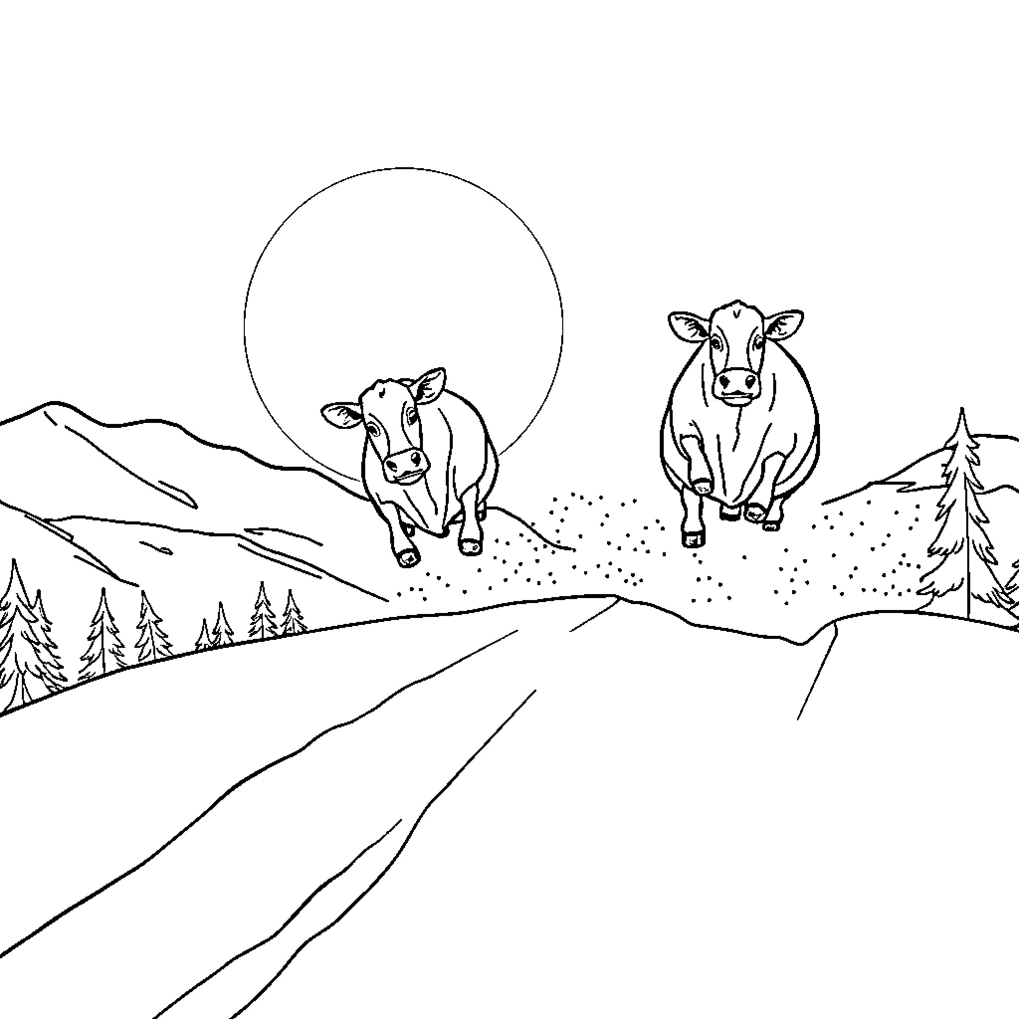 Cow wandering in a scenic landscape Coloring Page (free black-and-white line drawing printable PDF for all, from beginners to advanced learners, including children, teens, adults, and seniors)