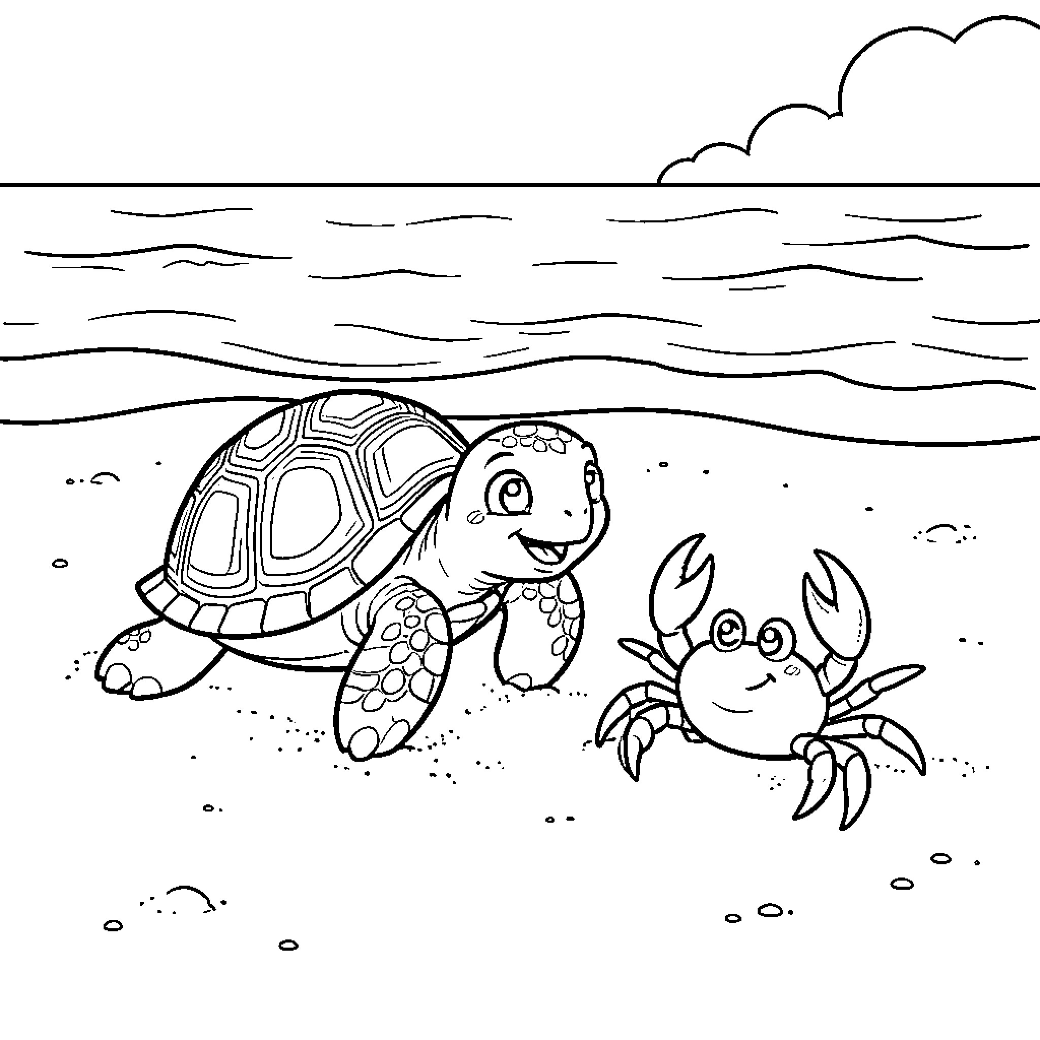 Turtle and crab exploring the beach Coloring Page (free black-and-white line drawing printable PDF for all, from beginners to advanced learners, including children, teens, adults, and seniors)