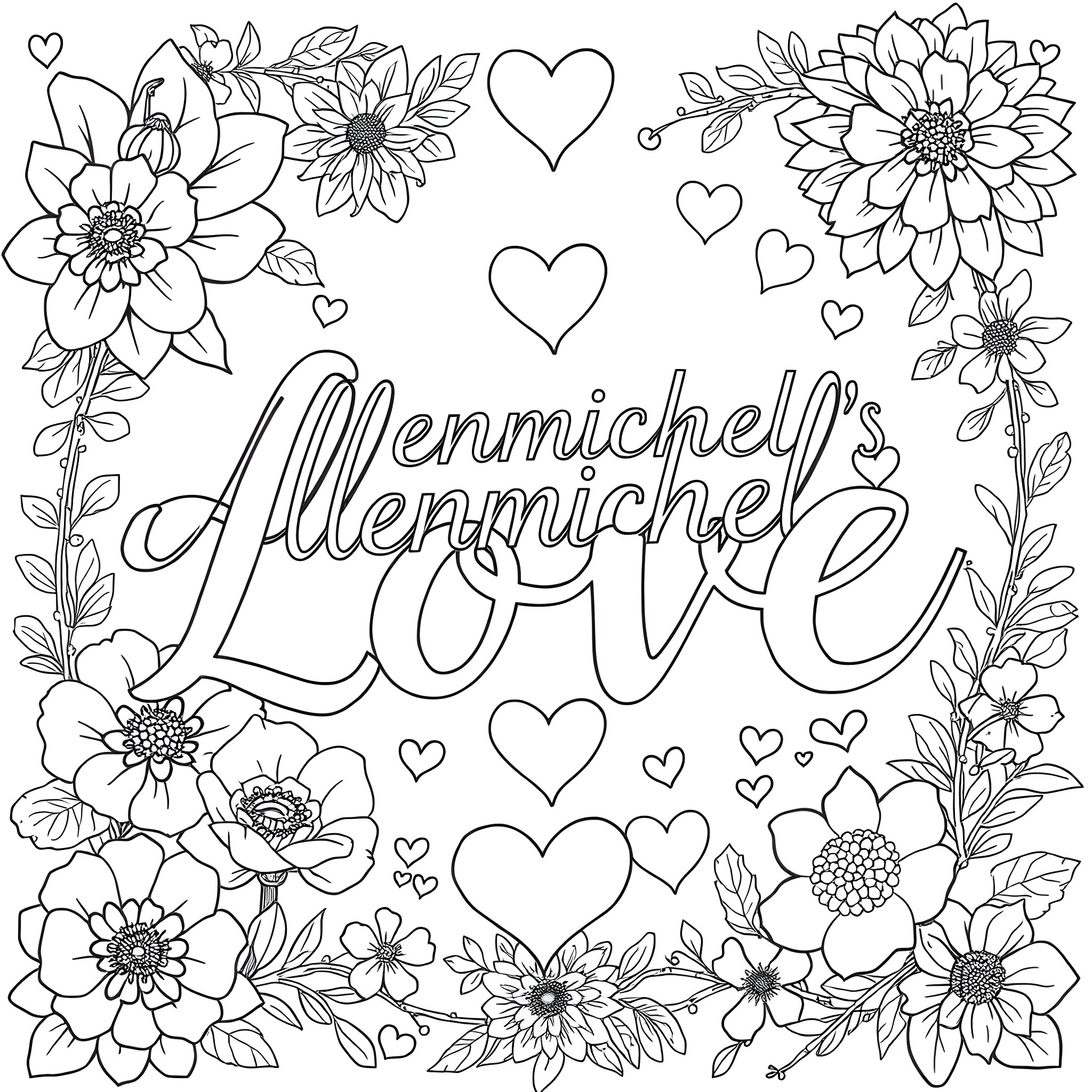 Flowers expressing love in an artistic floral frame Coloring Page (free black-and-white line drawing printable PDF for all, from beginners to advanced learners, including children, teens, adults, and seniors)