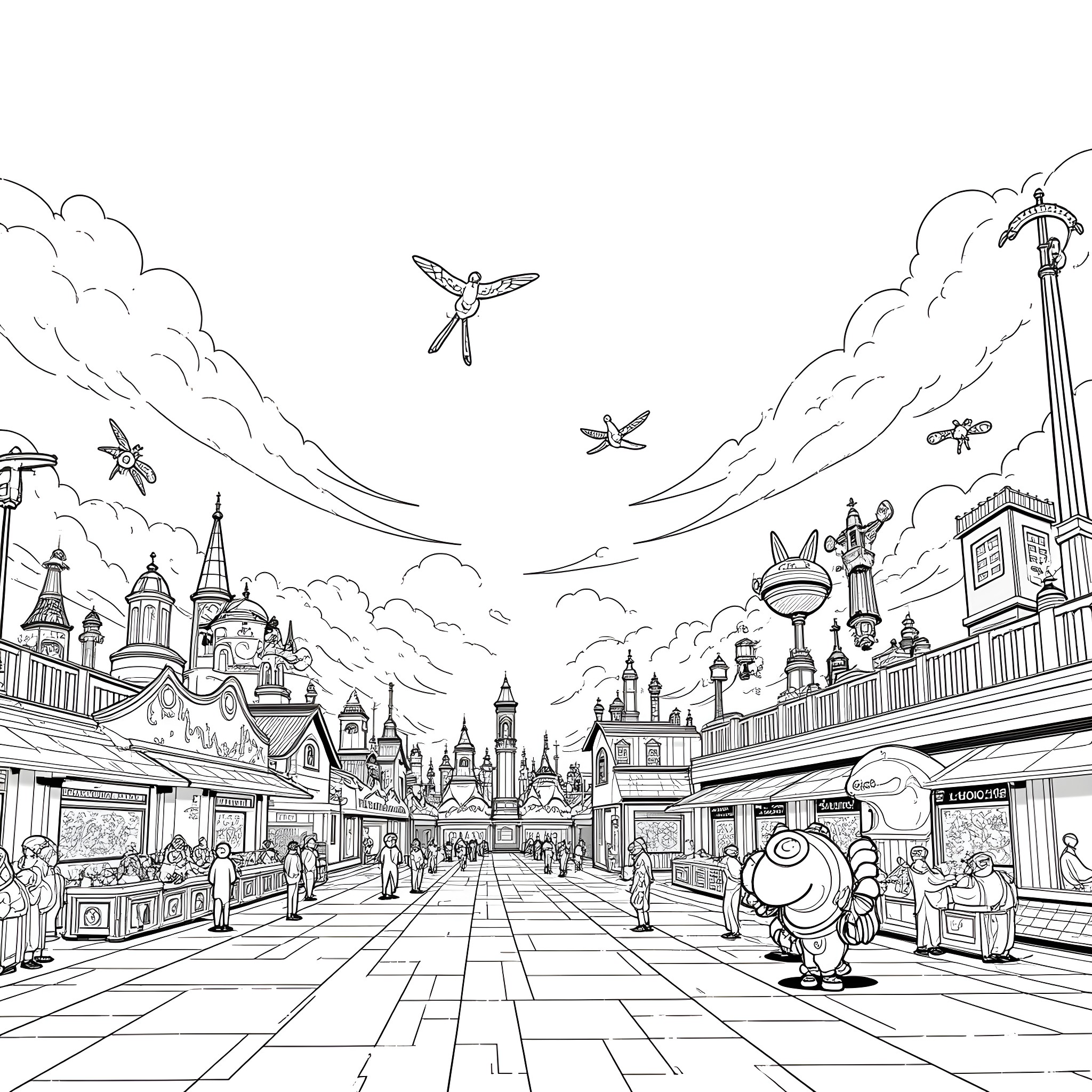 Battle for the Magical City in the Clouds Coloring Page (free black-and-white line drawing printable PDF for all, from beginners to advanced learners, including children, teens, adults, and seniors)