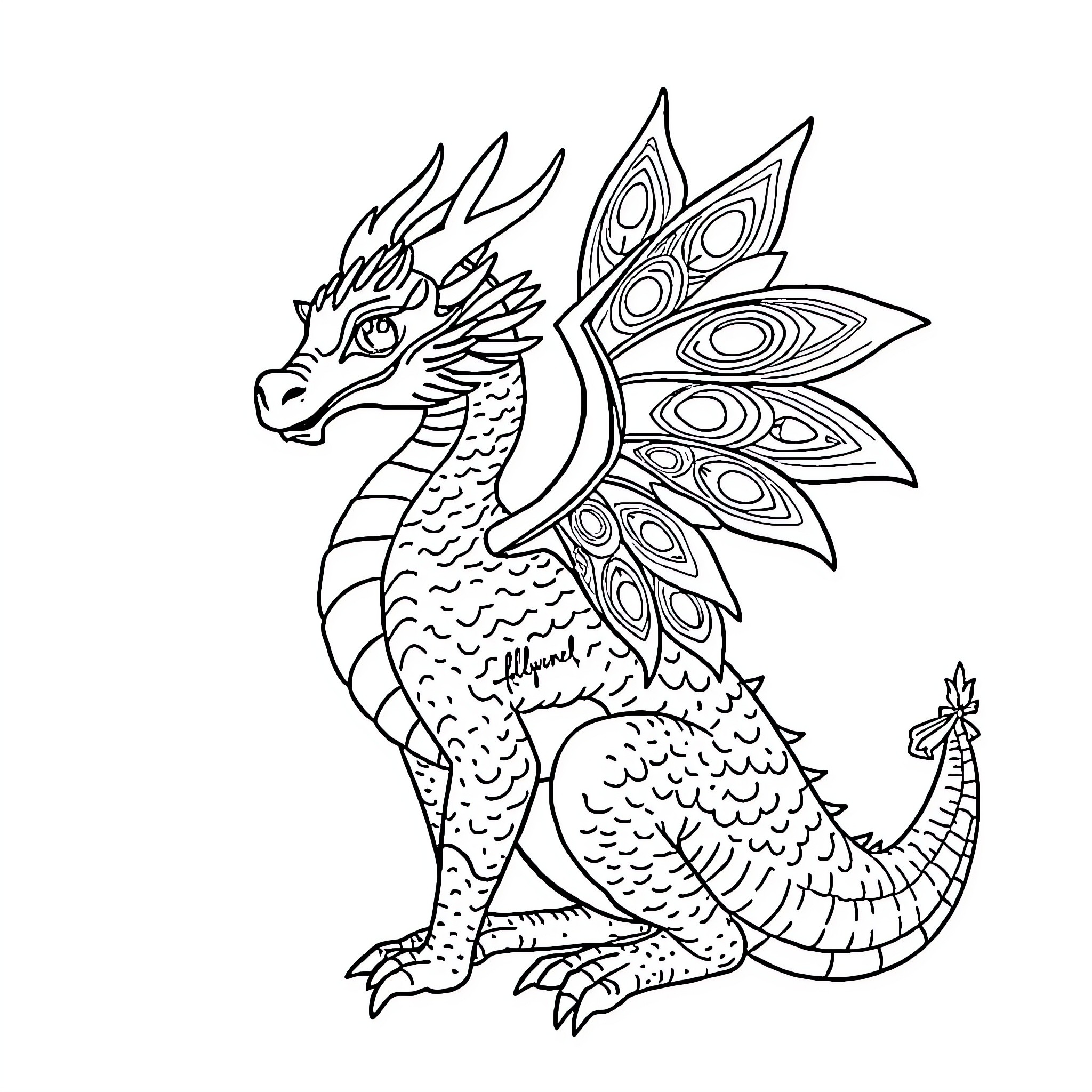 Dragon with ornate wings and patterns Coloring Page (free black-and-white line drawing printable PDF for all, from beginners to advanced learners, including children, teens, adults, and seniors)