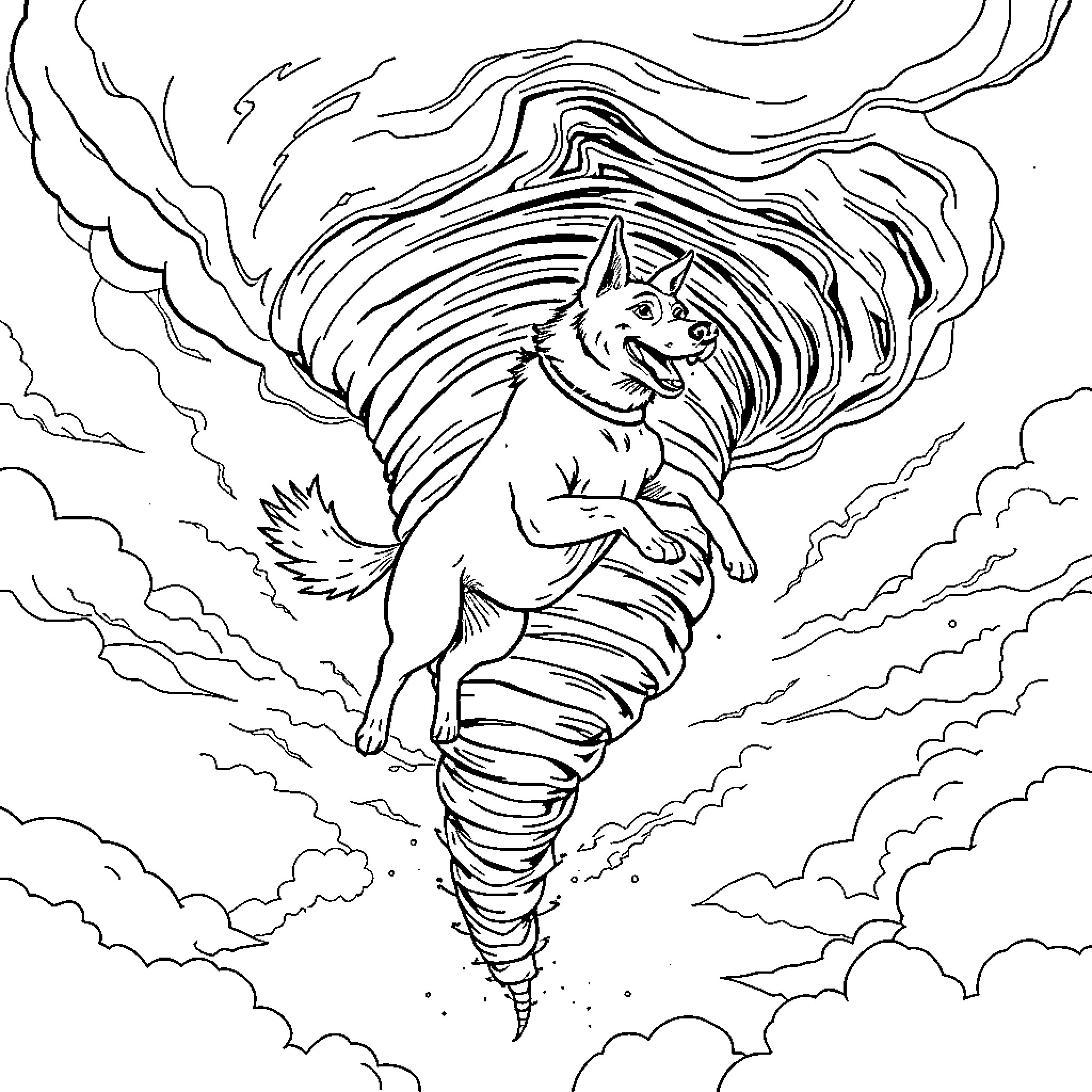 Heeler riding through a fierce storm Coloring Page (free black-and-white line drawing printable PDF for all, from beginners to advanced learners, including children, teens, adults, and seniors)