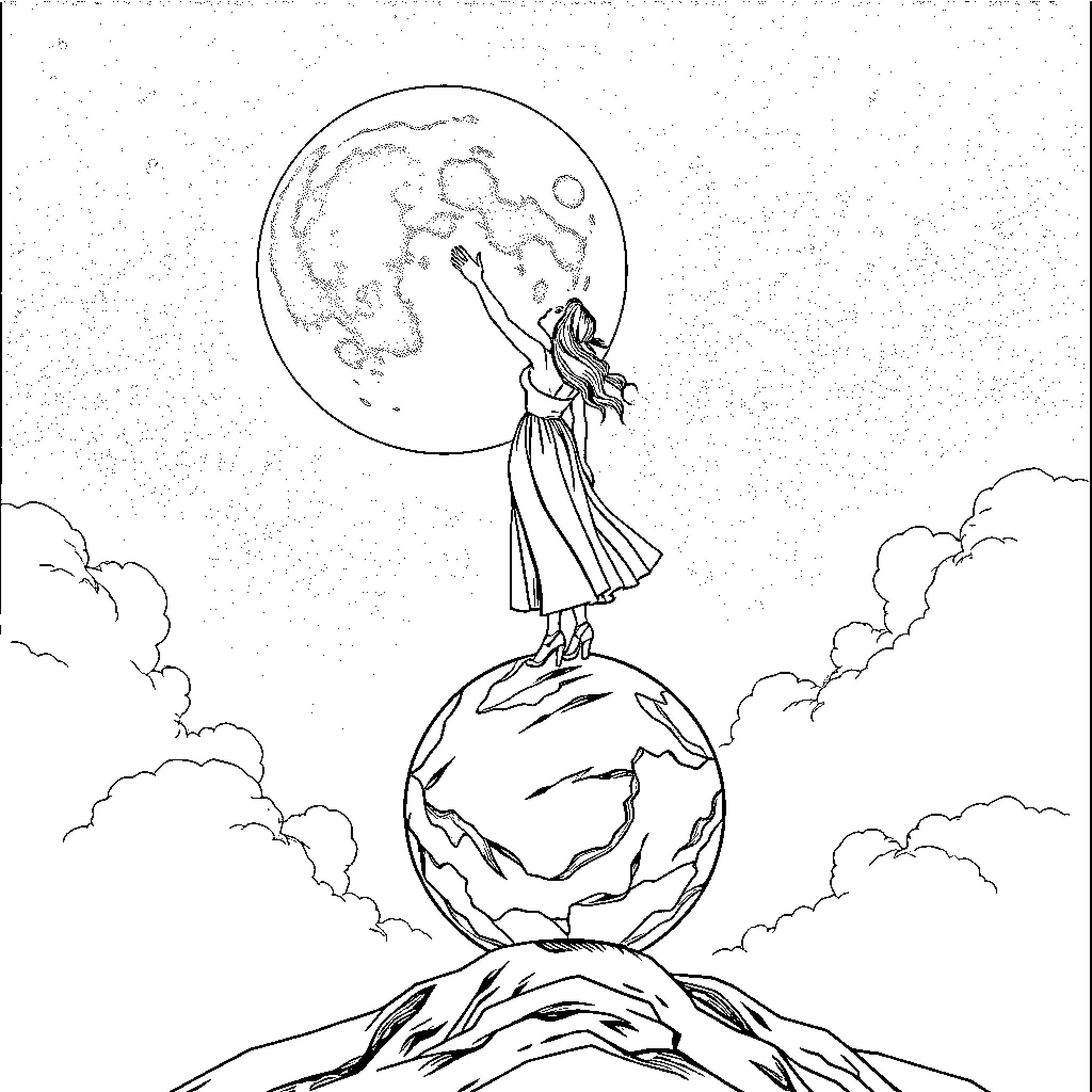Woman gazing at the moon in a dreamlike scene Coloring Page (free black-and-white line drawing printable PDF for all, from beginners to advanced learners, including children, teens, adults, and seniors)