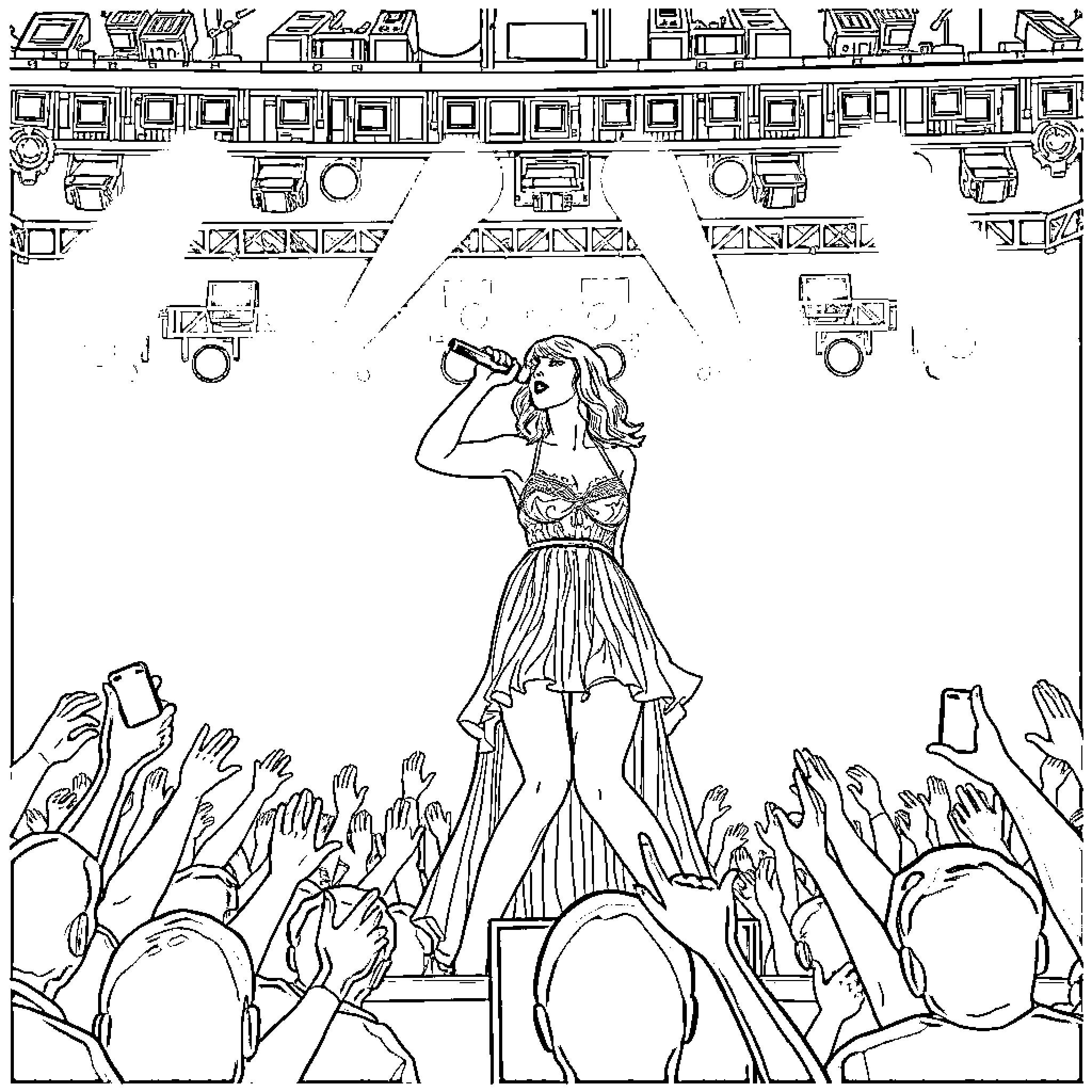 Taylor Swift Performing on Stage with Adoring Fans Coloring Page (free black-and-white line drawing printable PDF for all, from beginners to advanced learners, including children, teens, adults, and seniors)