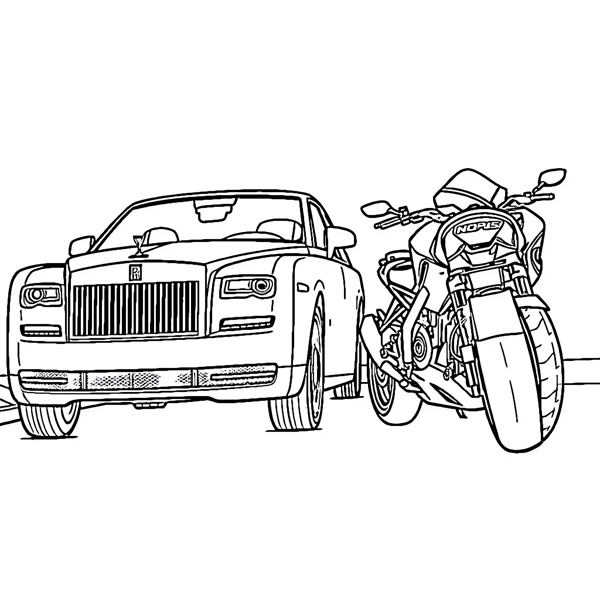 Car with motorcycle parked on the road Coloring Page (free black-and-white line drawing printable PDF for all, from beginners to advanced learners, including children, teens, adults, and seniors)