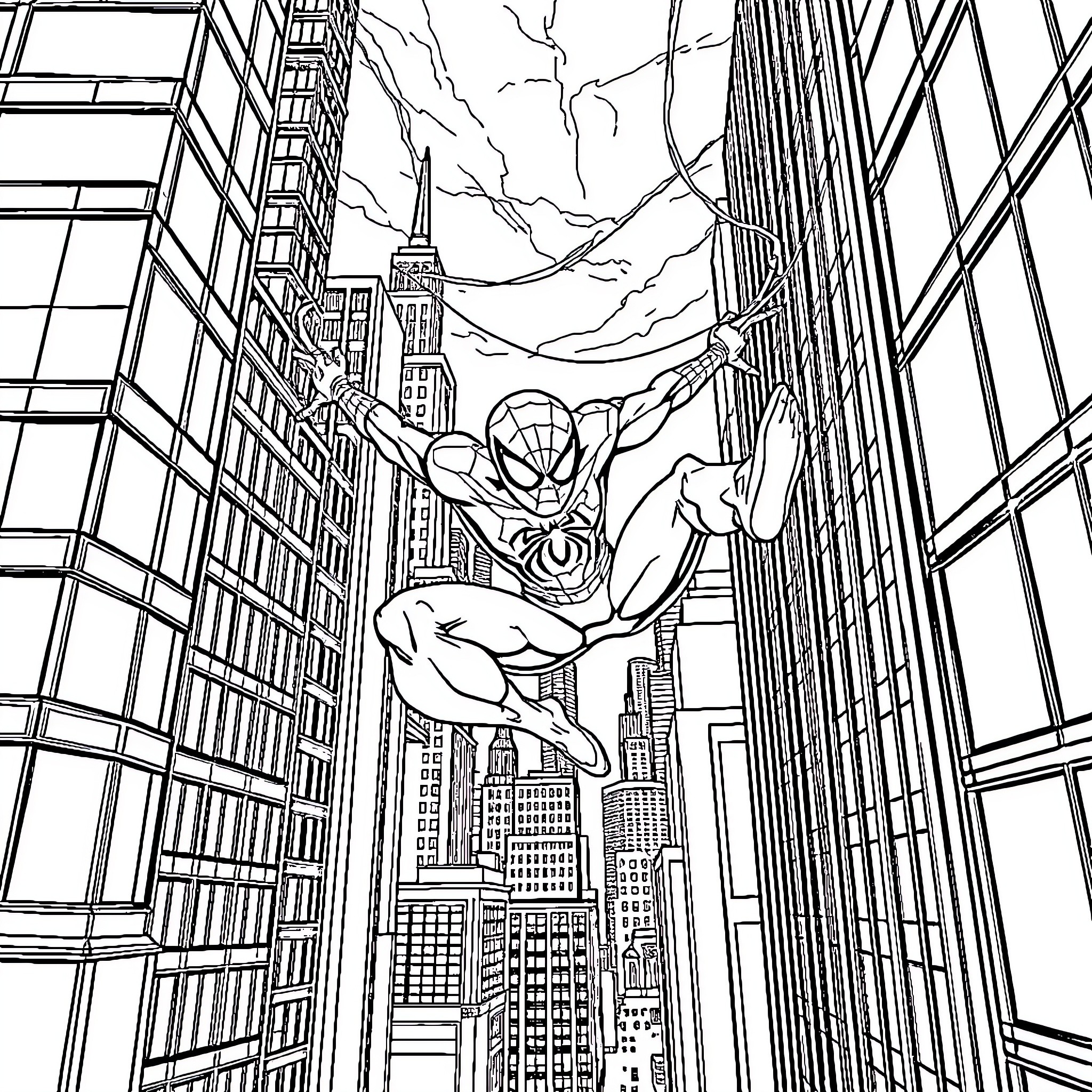 Spiderman swinging through the city skyline Coloring Page (free black-and-white line drawing printable PDF for all, from beginners to advanced learners, including children, teens, adults, and seniors)