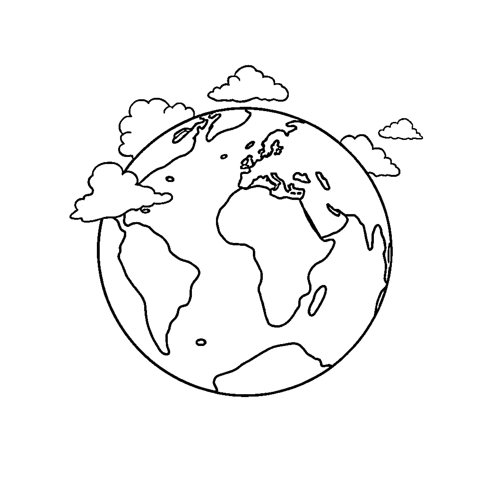 Earth in simple outline with clouds Coloring Page (free black-and-white line drawing printable PDF for all, from beginners to advanced learners, including children, teens, adults, and seniors)