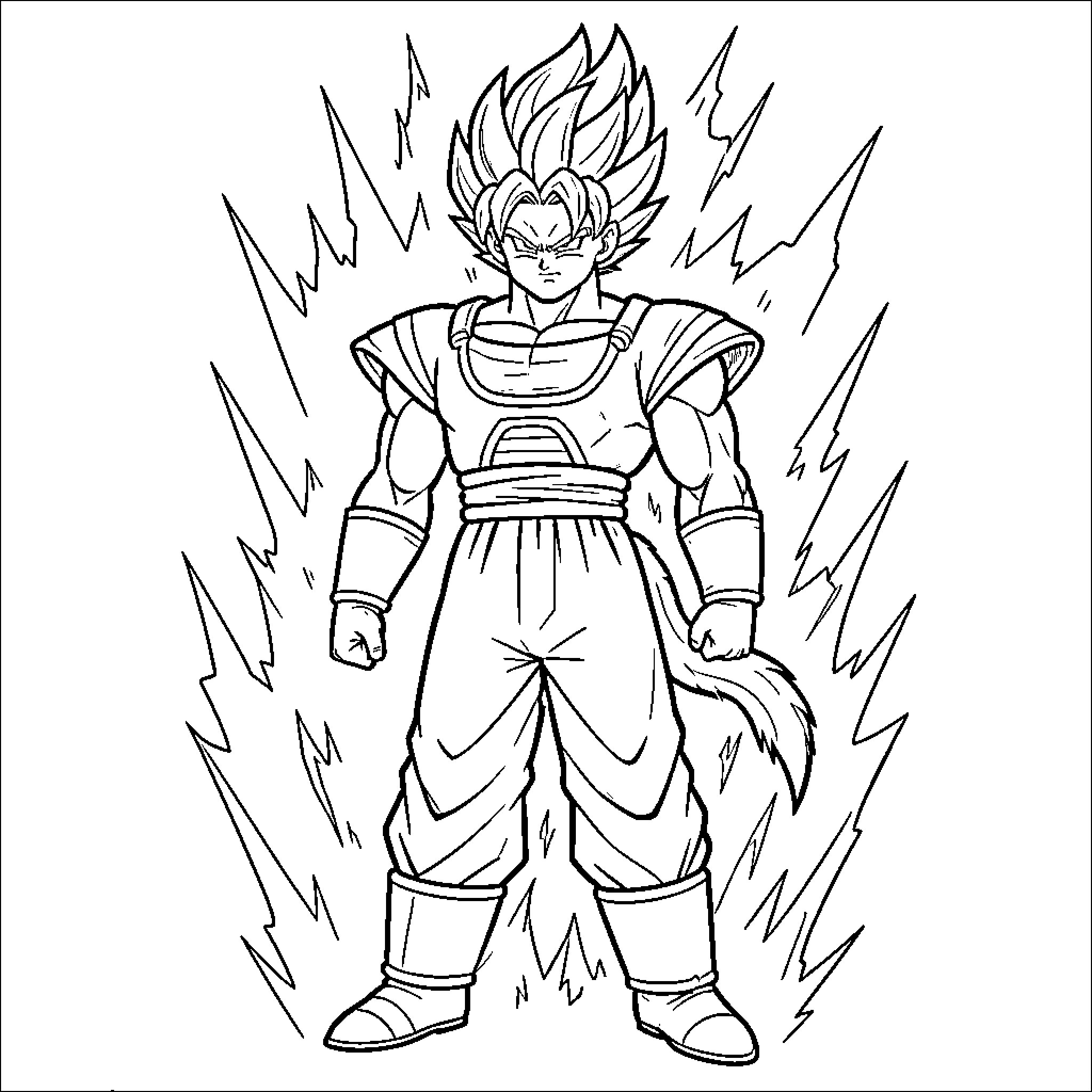 Vegeta standing intensely with a powerful aura Coloring Page (free black-and-white line drawing printable PDF for all, from beginners to advanced learners, including children, teens, adults, and seniors)