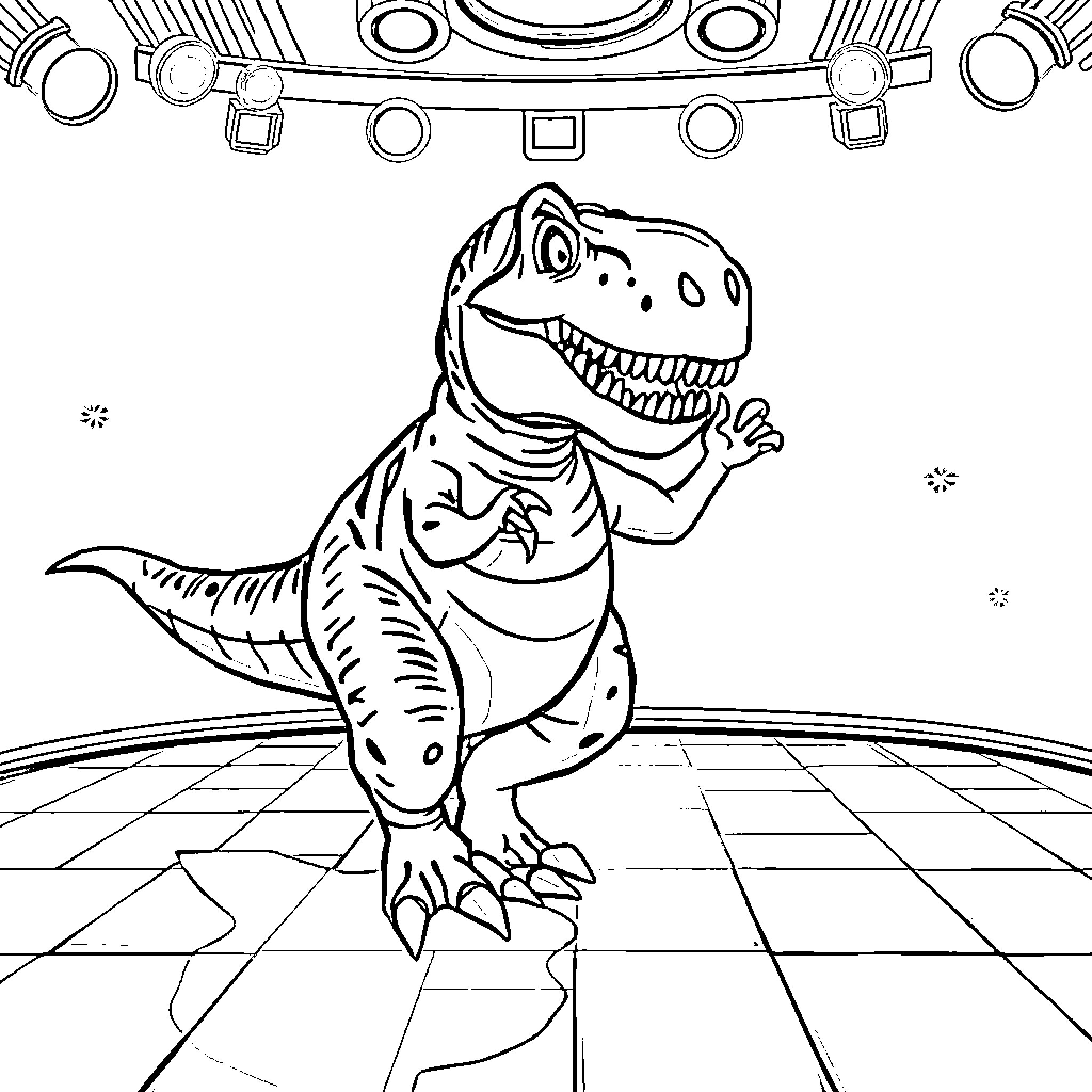 T-Rex smiling and posing in a room Coloring Page (free black-and-white line drawing printable PDF for all, from beginners to advanced learners, including children, teens, adults, and seniors)