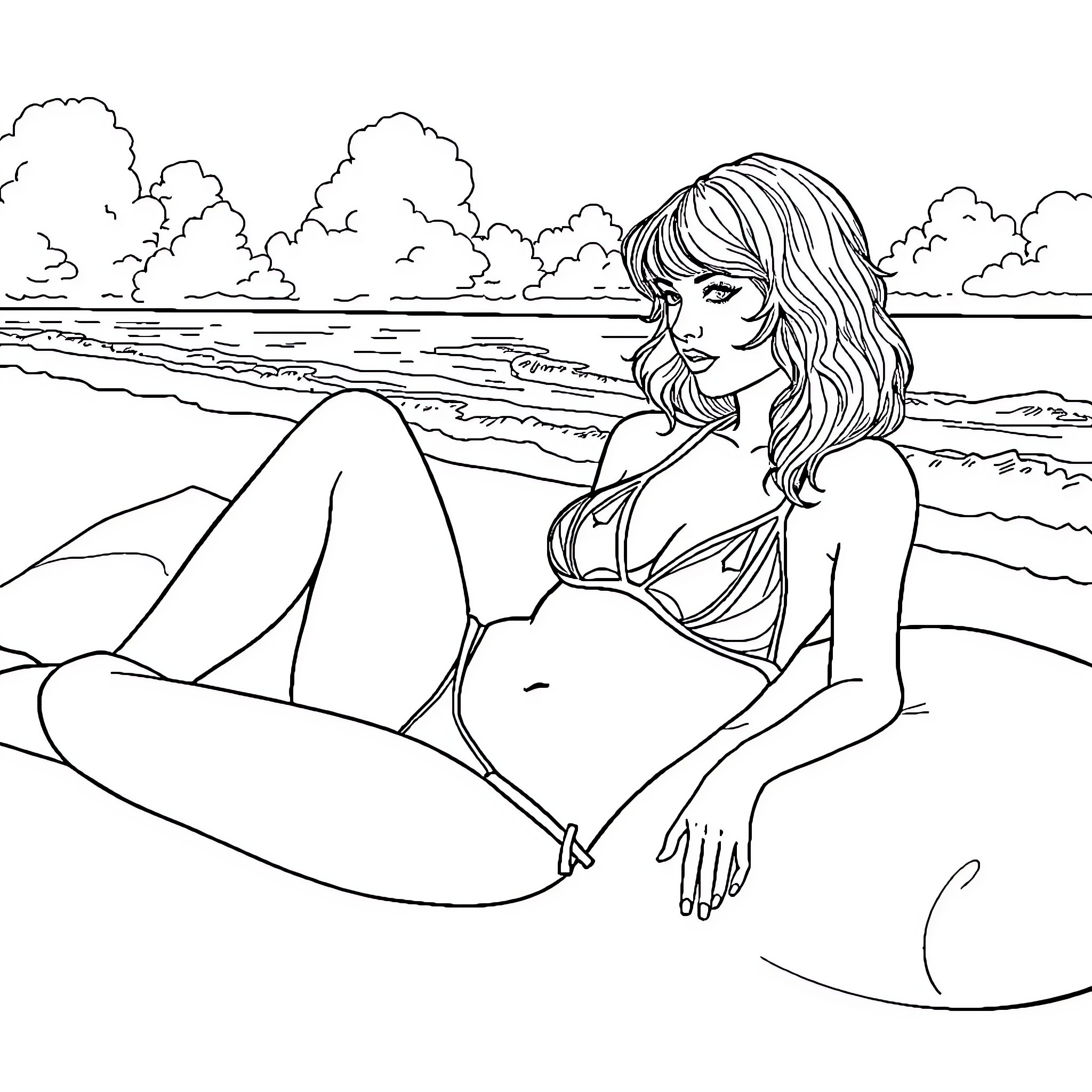 Taylor Swift relaxing on the beach Coloring Page (free black-and-white line drawing printable PDF for all, from beginners to advanced learners, including children, teens, adults, and seniors)