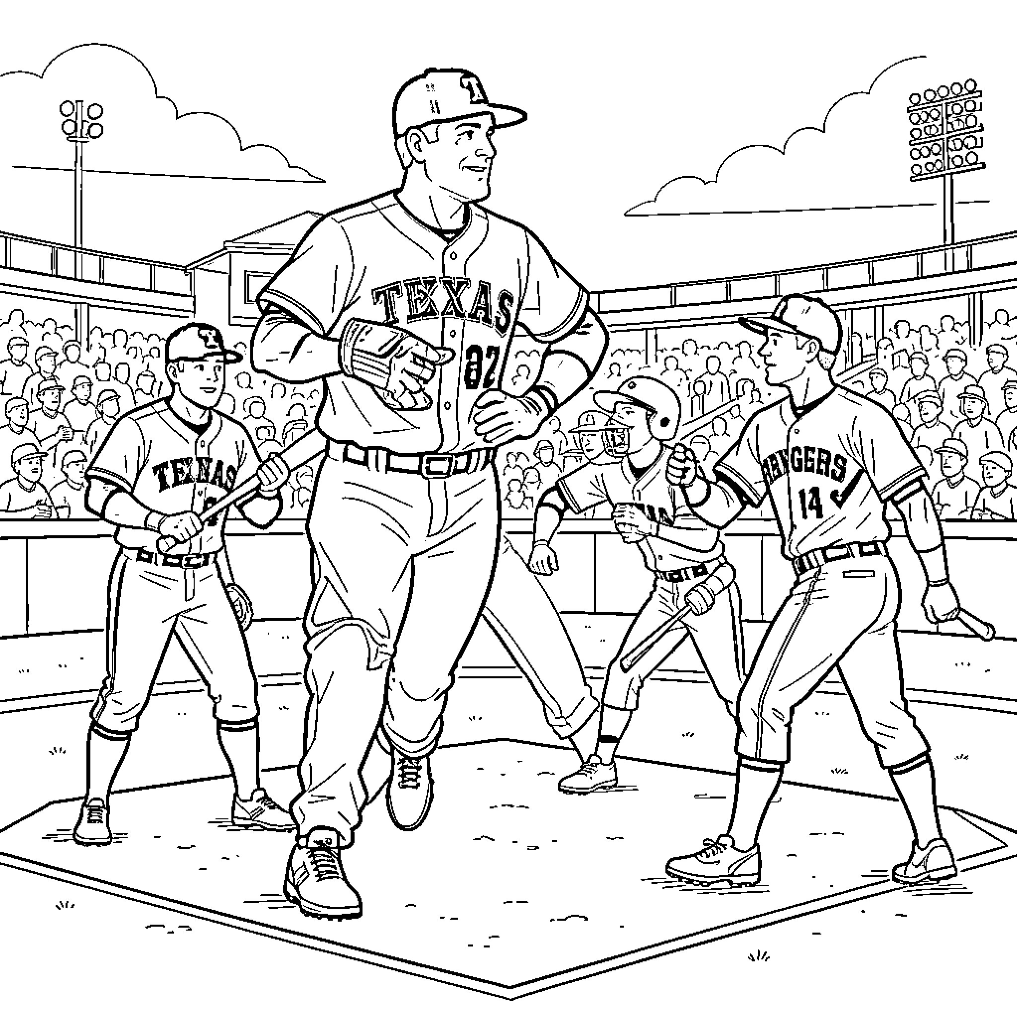 Texas Ranger baseball players celebrating on the field Coloring Page (free black-and-white line drawing printable PDF for all, from beginners to advanced learners, including children, teens, adults, and seniors)
