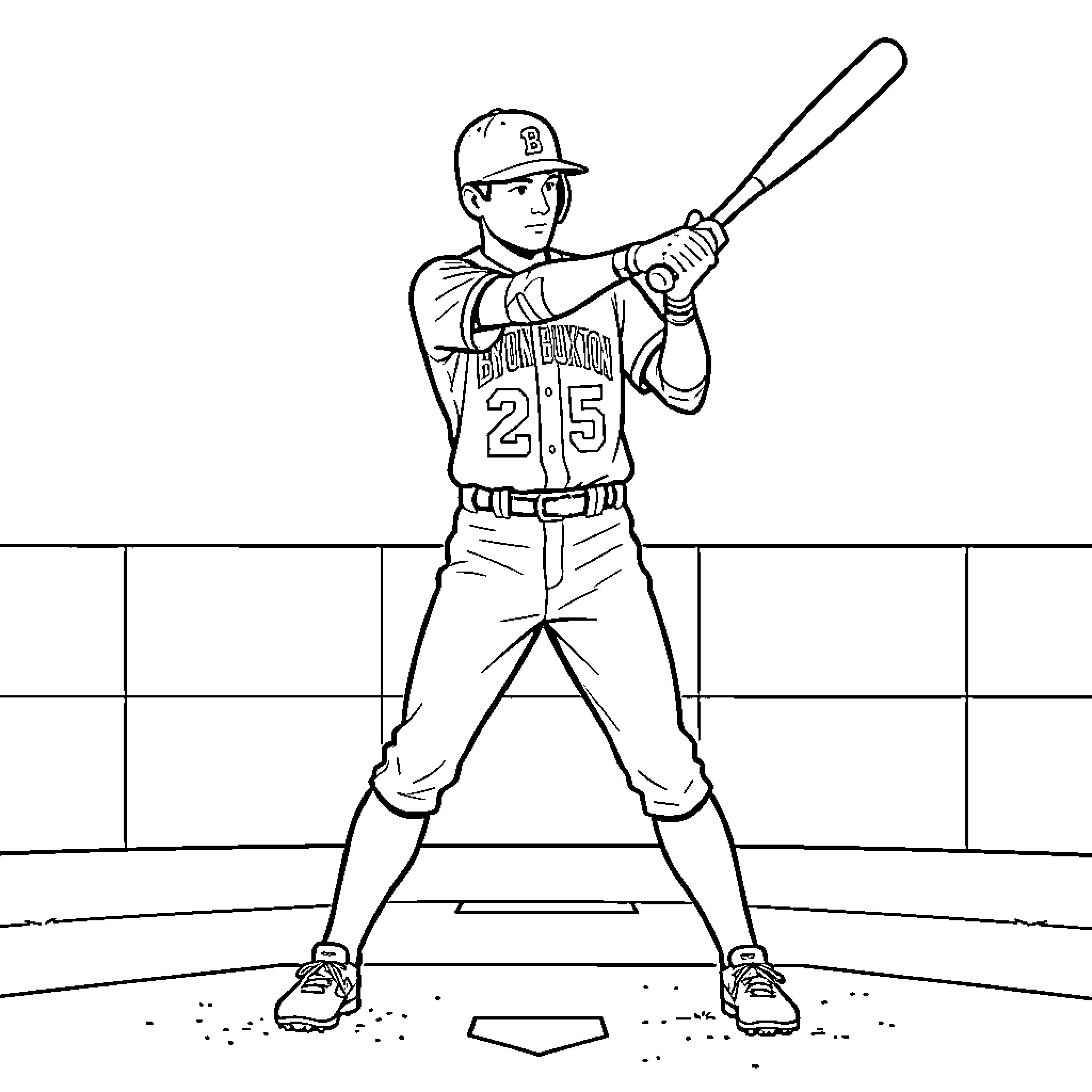Byron Buxton swinging a baseball bat at home plate Coloring Page (free black-and-white line drawing printable PDF for all, from beginners to advanced learners, including children, teens, adults, and seniors)
