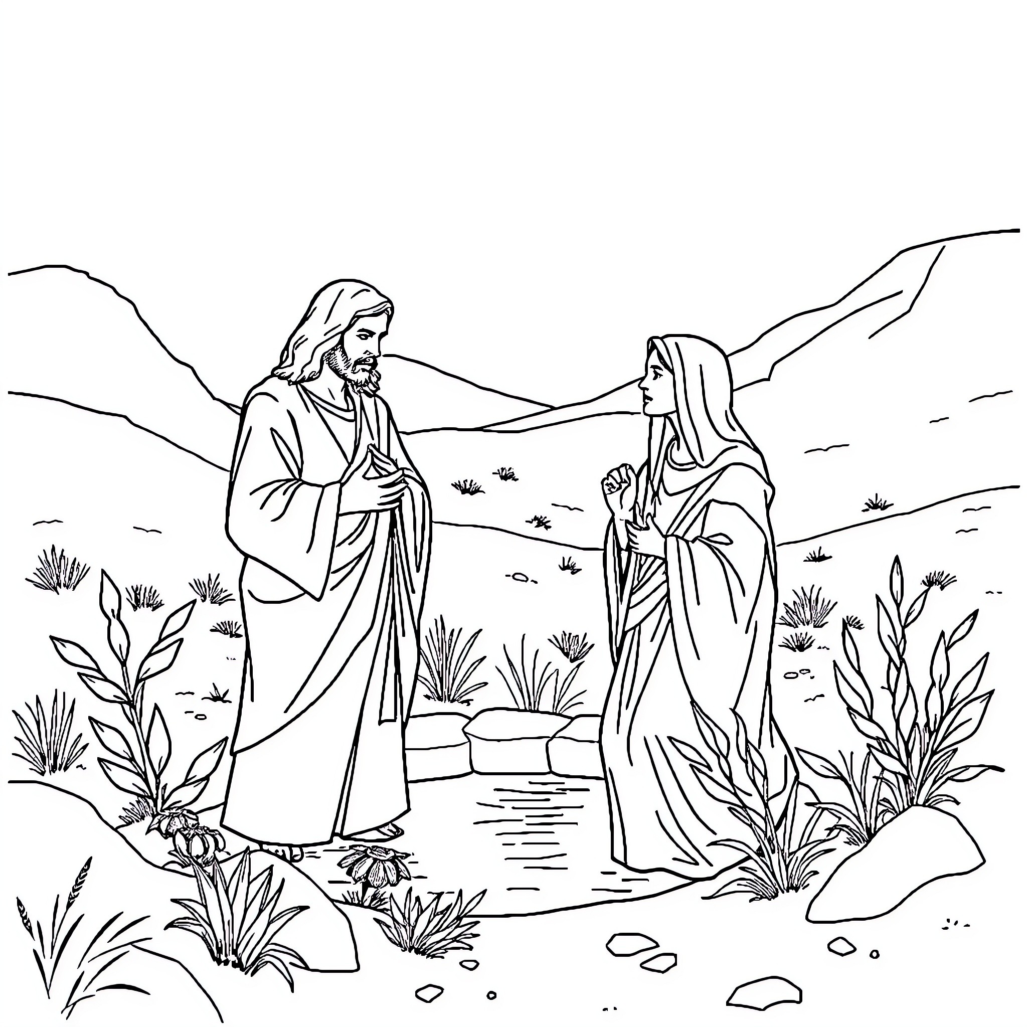 Jesucristo speaking with a woman in a serene landscape Coloring Page (free black-and-white line drawing printable PDF for all, from beginners to advanced learners, including children, teens, adults, and seniors)