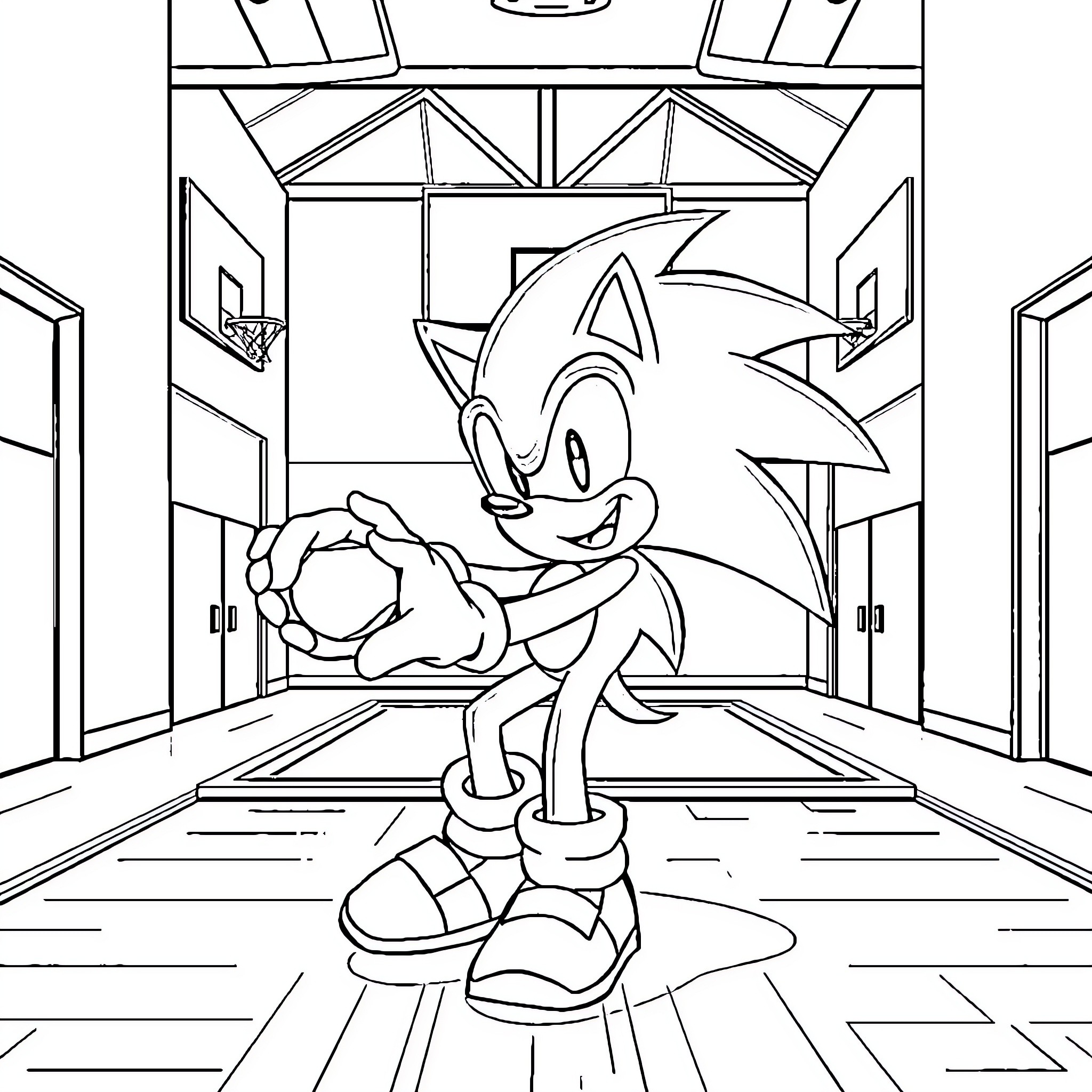Sonic's Whimsical Adventure in a Geometric Realm Coloring Page (free black-and-white line drawing printable PDF for all, from beginners to advanced learners, including children, teens, adults, and seniors)